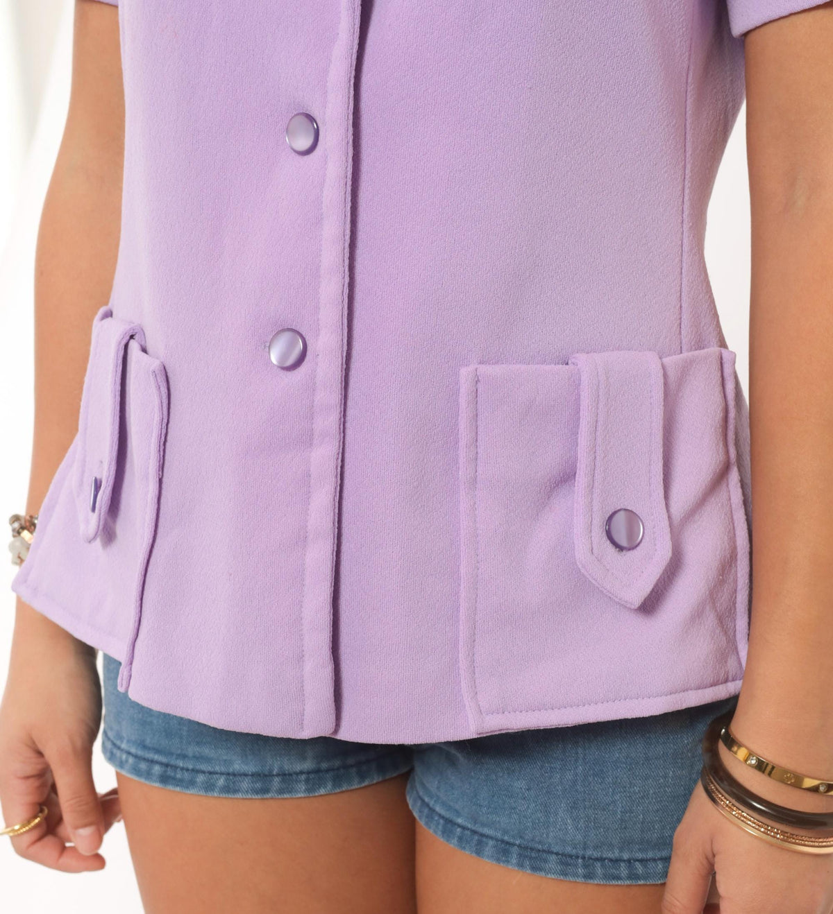 70s Lilac Button Front Blazer Short Sleeve Notched Lapel Fitted Waist Medium