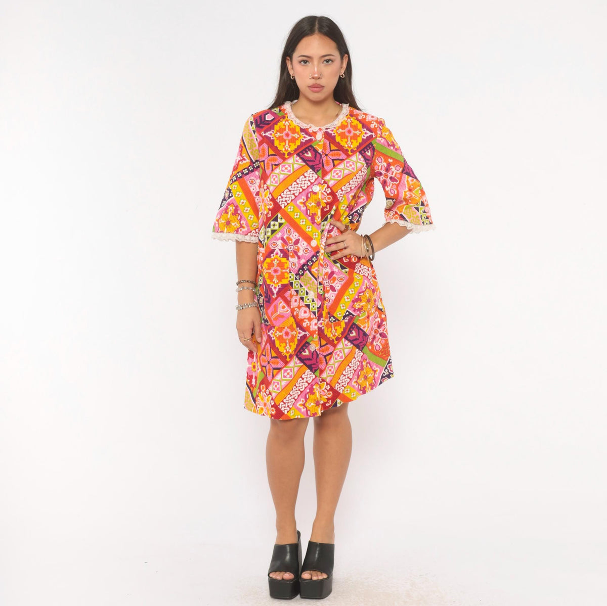 1970s Patchwork Button Front Shift Dress Knee Length Cotton Multicolor Medium M