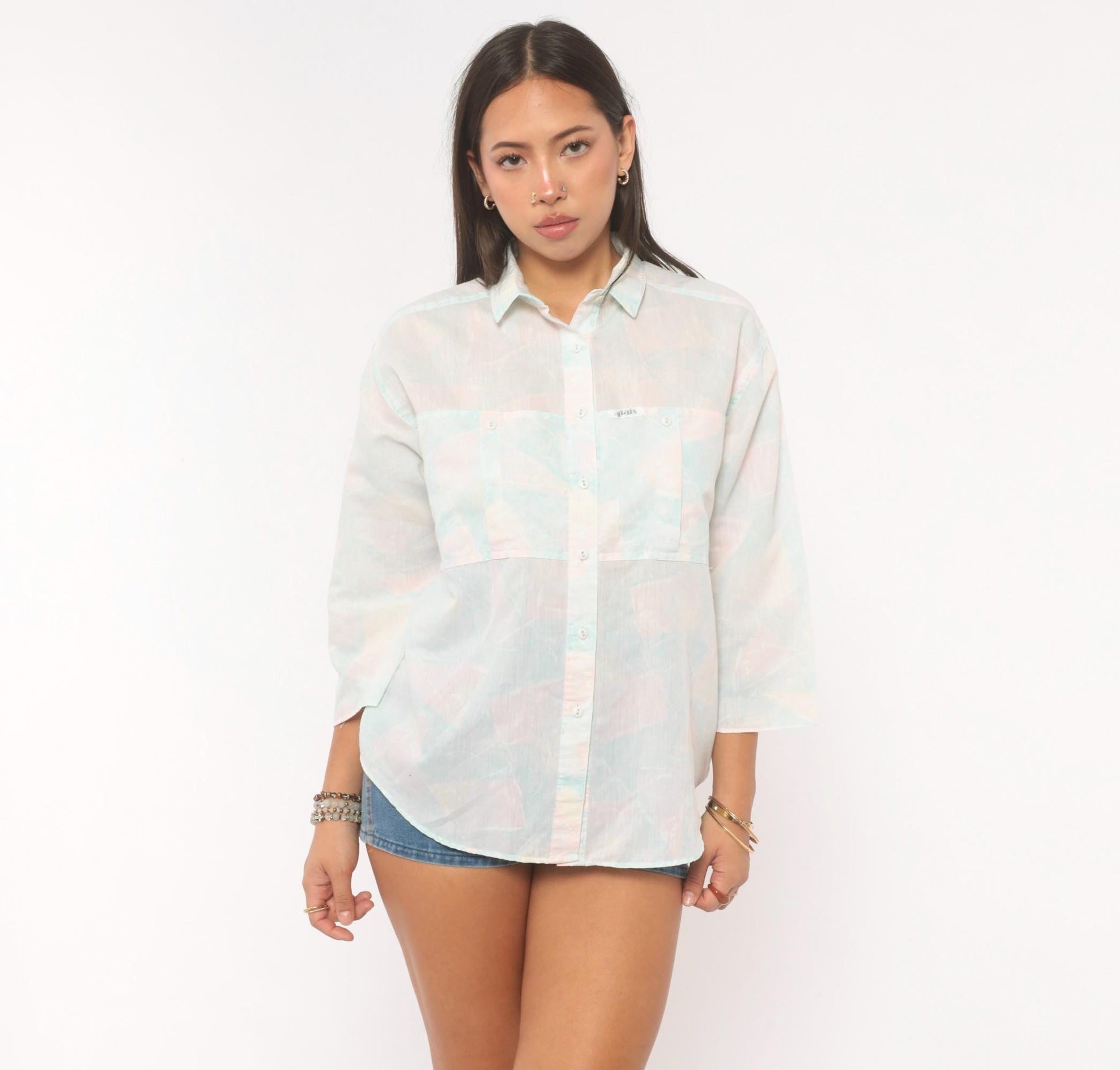 90s Alais Pastel Watercolor Button-Up Blouse Pink Blue Cotton Medium M
