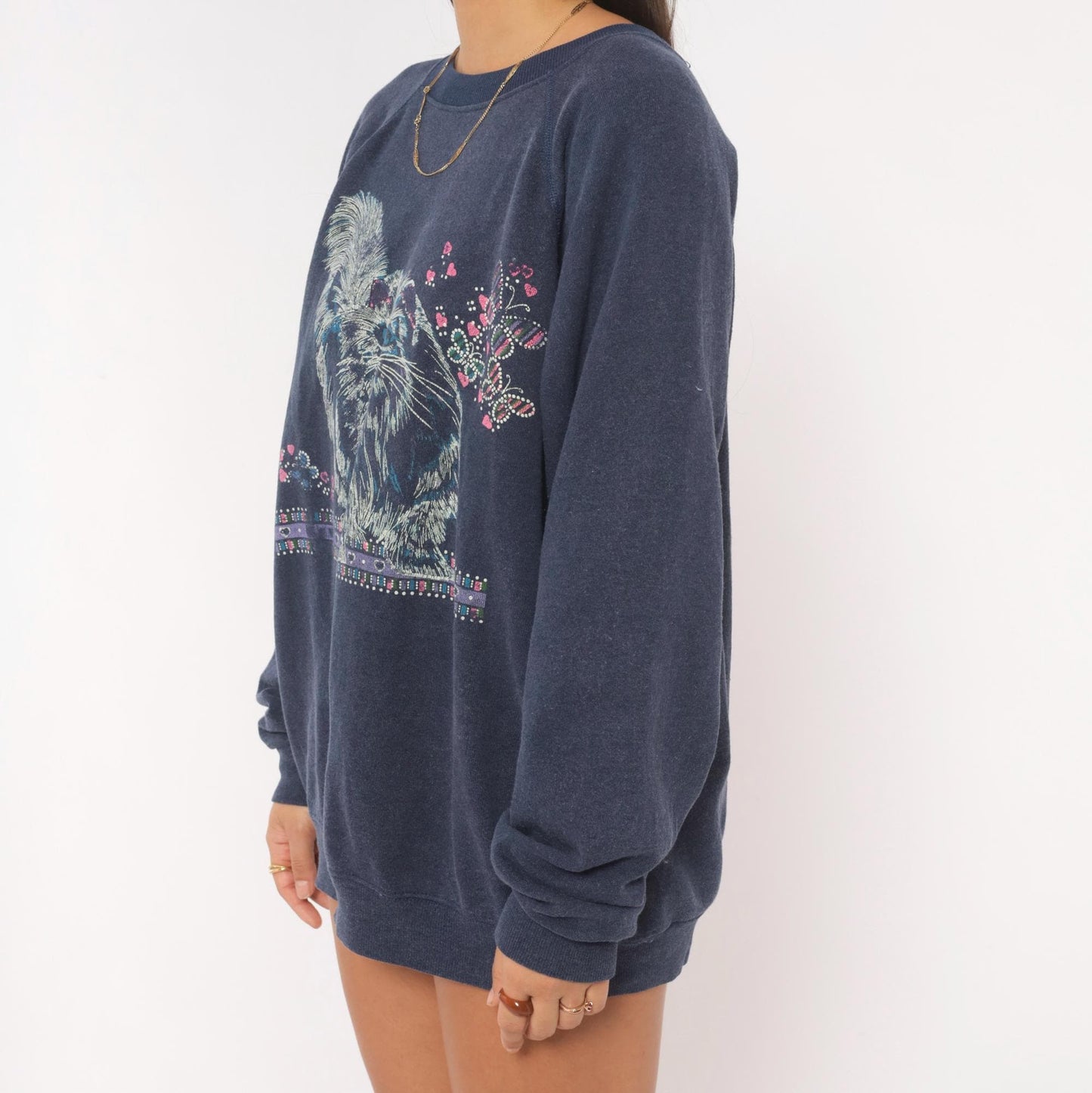 90s Hanes Cat Butterfly Sweatshirt Navy Blue Graphic Crewneck Raglan Large L