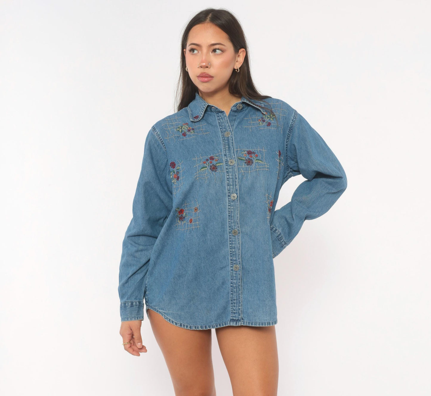 90s Floral Embroidered Denim Shirt Cotton Button-Up Lattice Trellis Large L