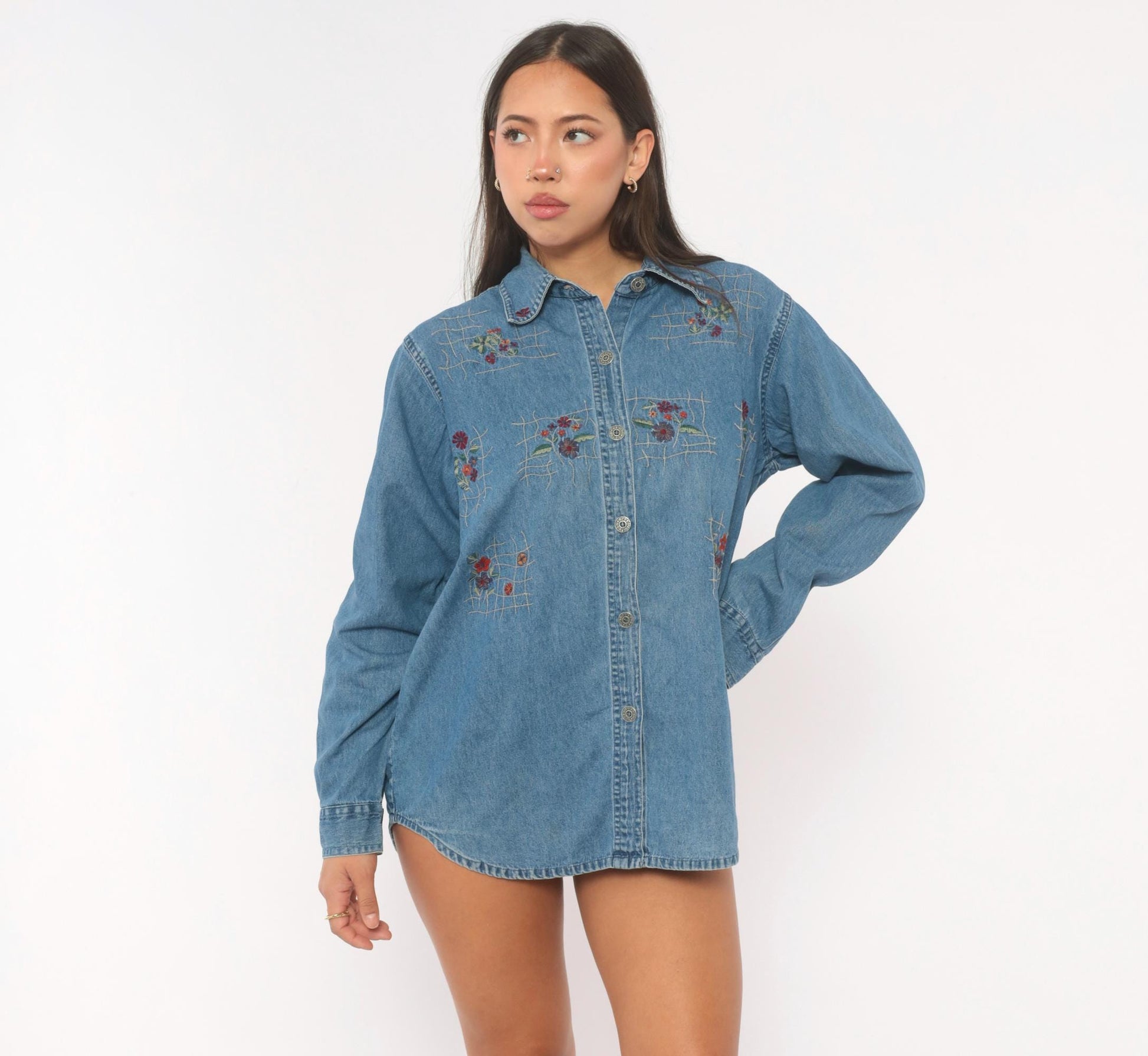 90s Floral Embroidered Denim Shirt Cotton Button-Up Lattice Trellis Large L