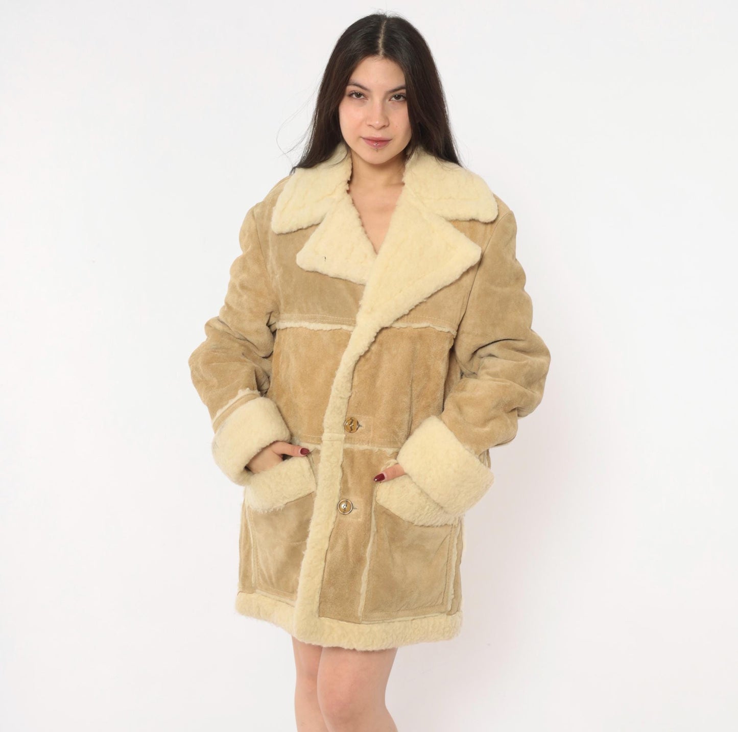 70s Tan Suede Shearling Jacket Wool Lined Cream Sherpa Collar Extra Large XL