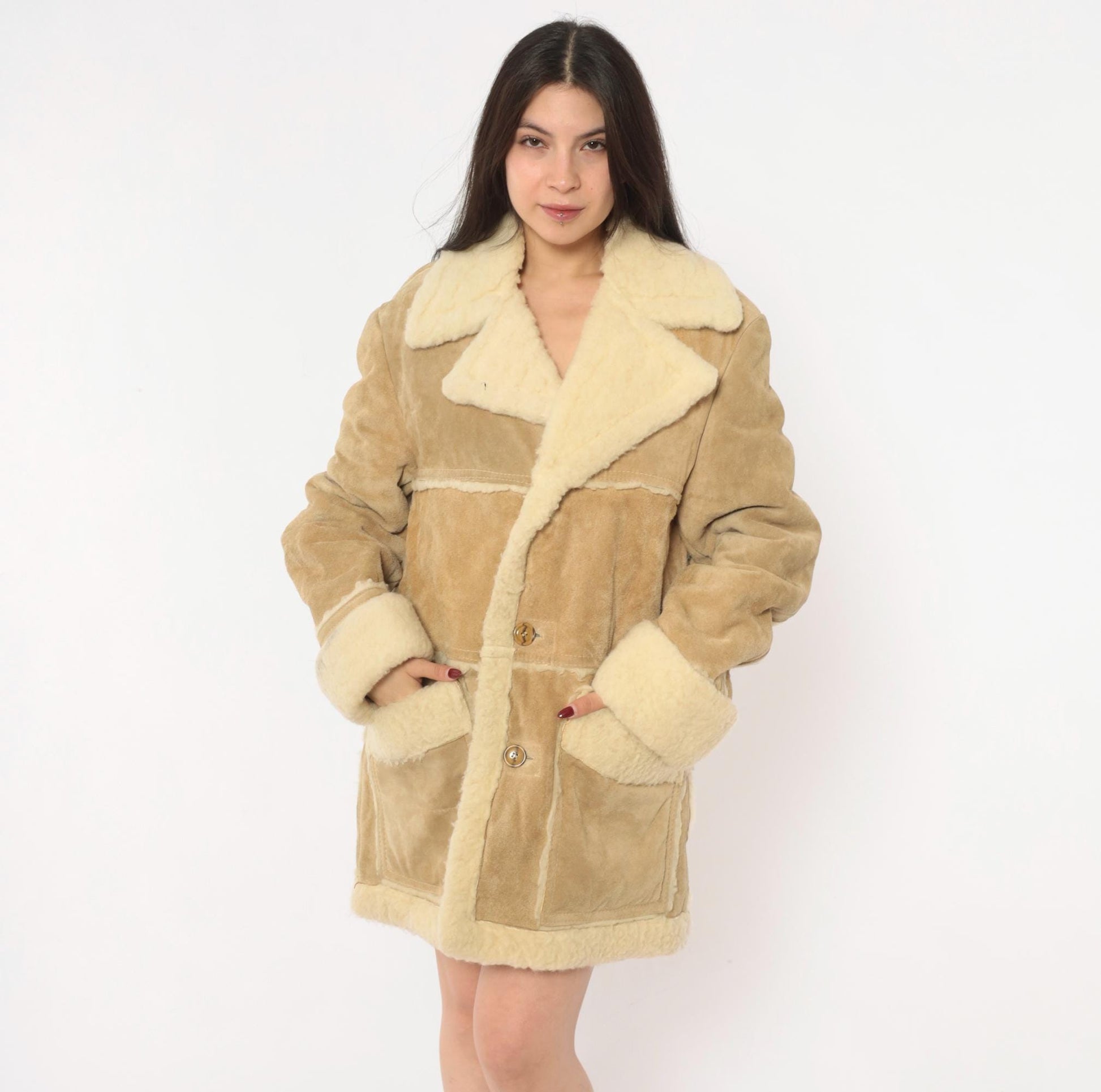 70s Tan Suede Shearling Jacket Wool Lined Cream Sherpa Collar Extra Large XL