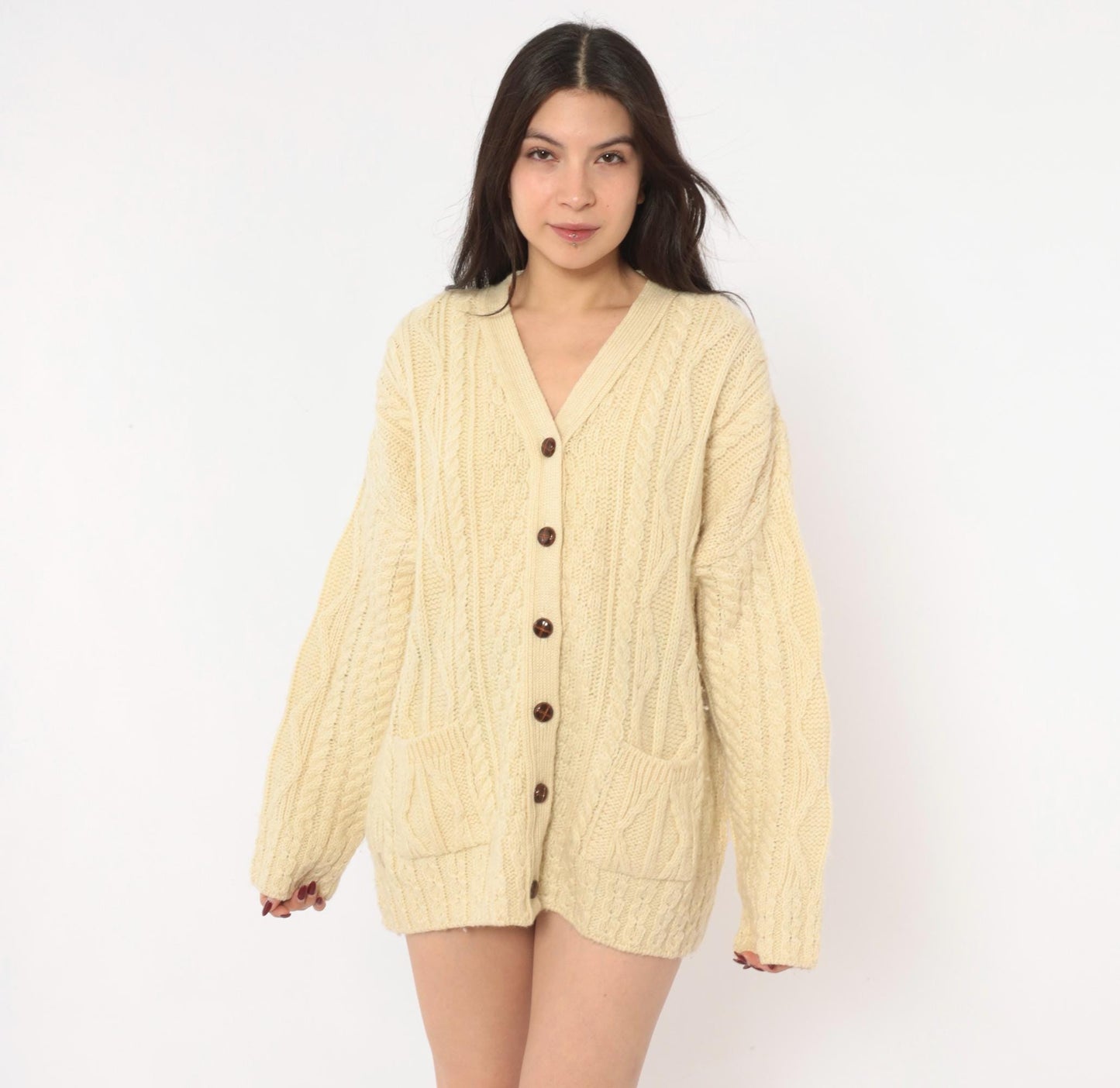 80s Celtic Country Cable Knit Cardigan Cream Wool Button Front Large L