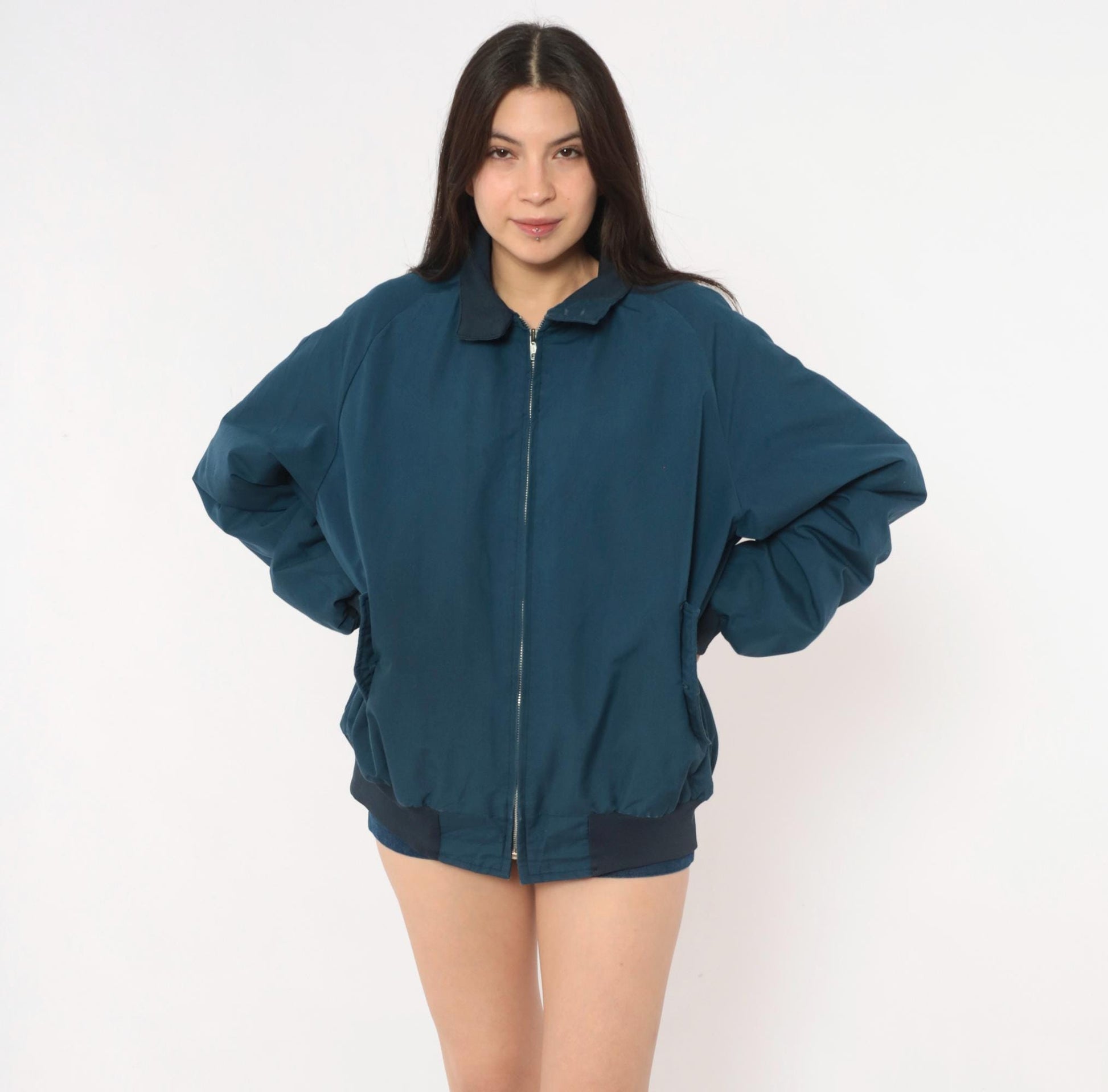 80s Sportsmaster Navy Harrington Bomber Jacket Zip Front Large L