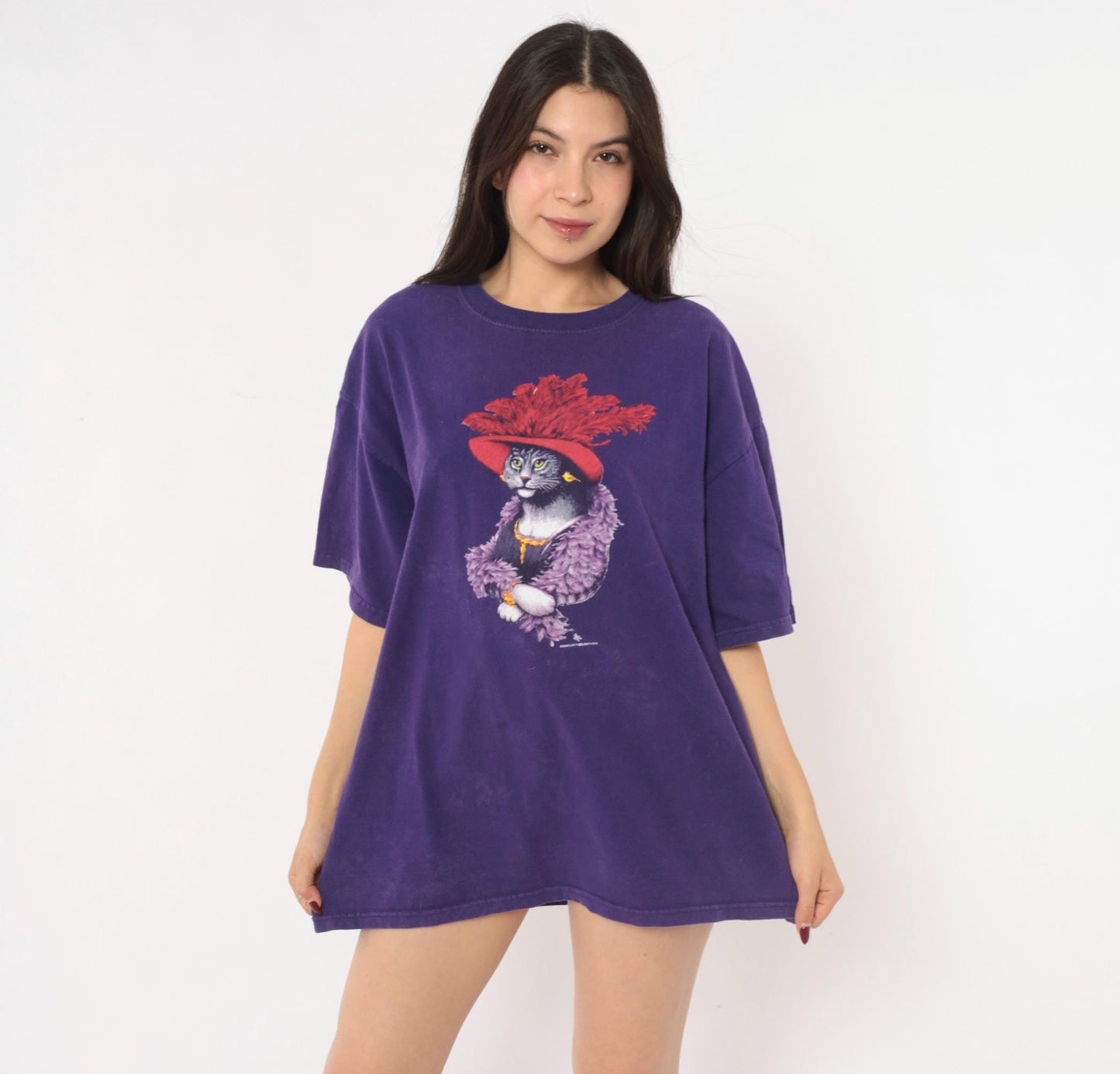 Y2K Gildan Cat Graphic Tee Purple Feather Boa Red Hat Extra Large XL