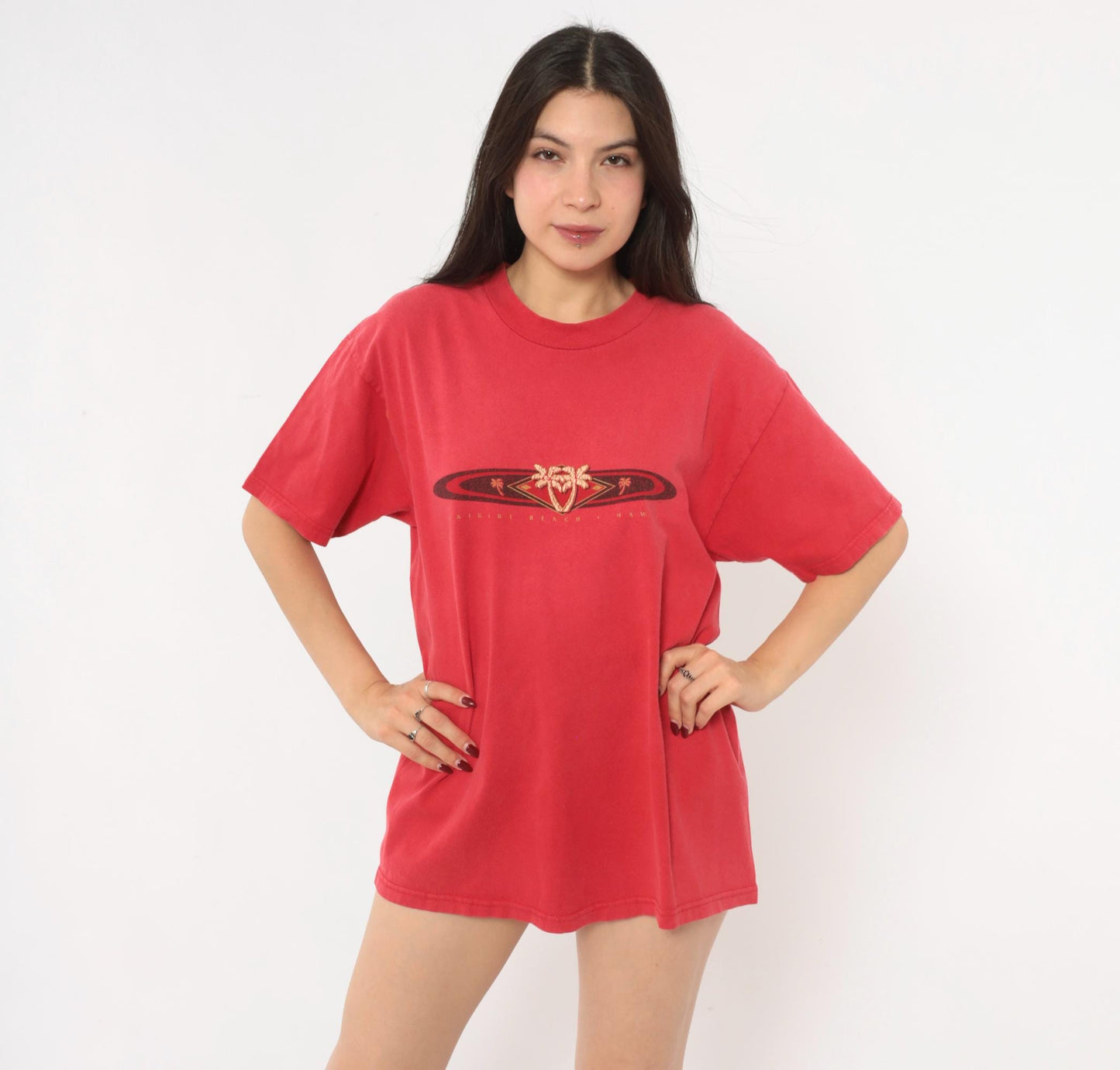 90s Waikiki Beach Hawaii Hanes Tee Red Cotton Palm Tree Graphic Large L