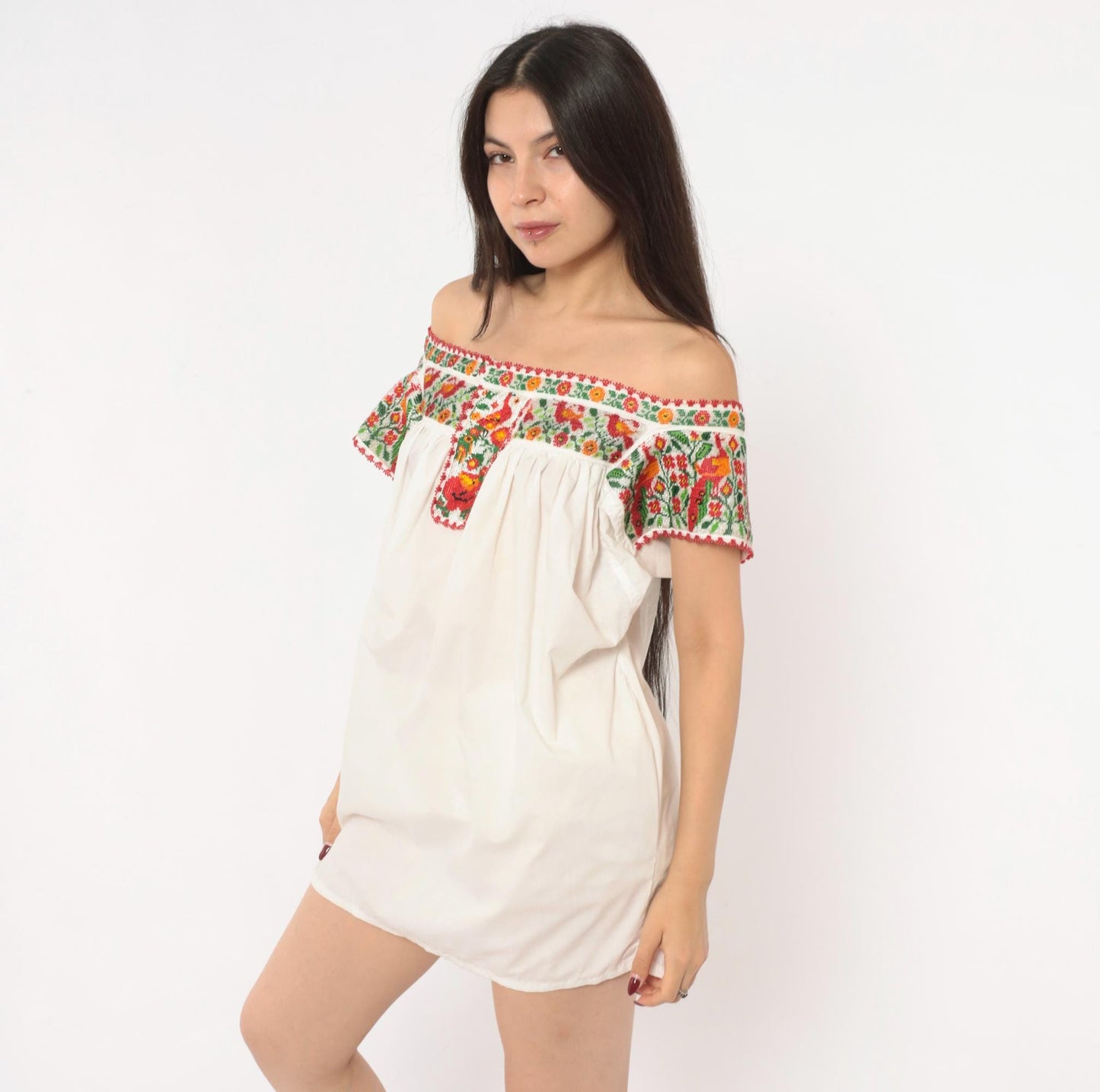 70s Mexican Off-Shoulder Peasant Blouse White Beaded Embroidered Bird Floral Medium