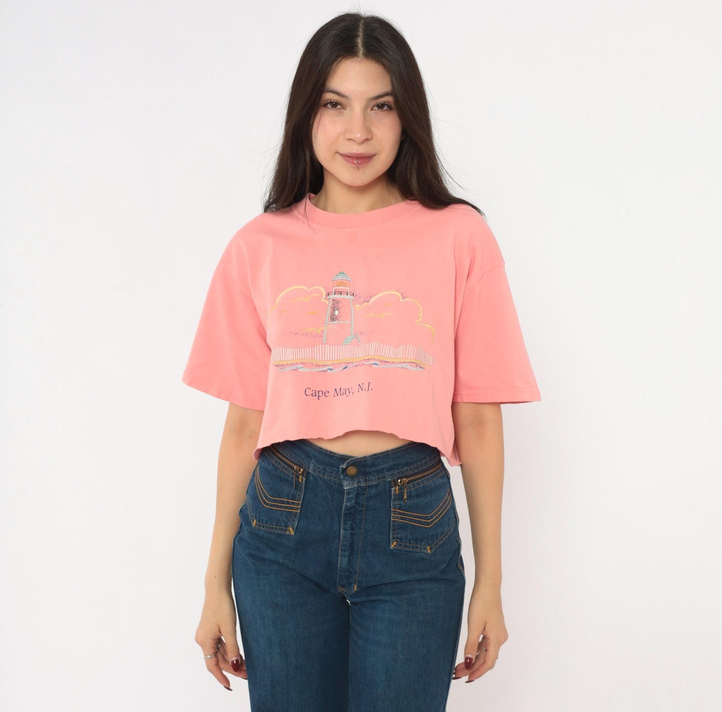 90s Anvil Lighthouse Cape May Crop Top Embroidered Cotton Pink Large L