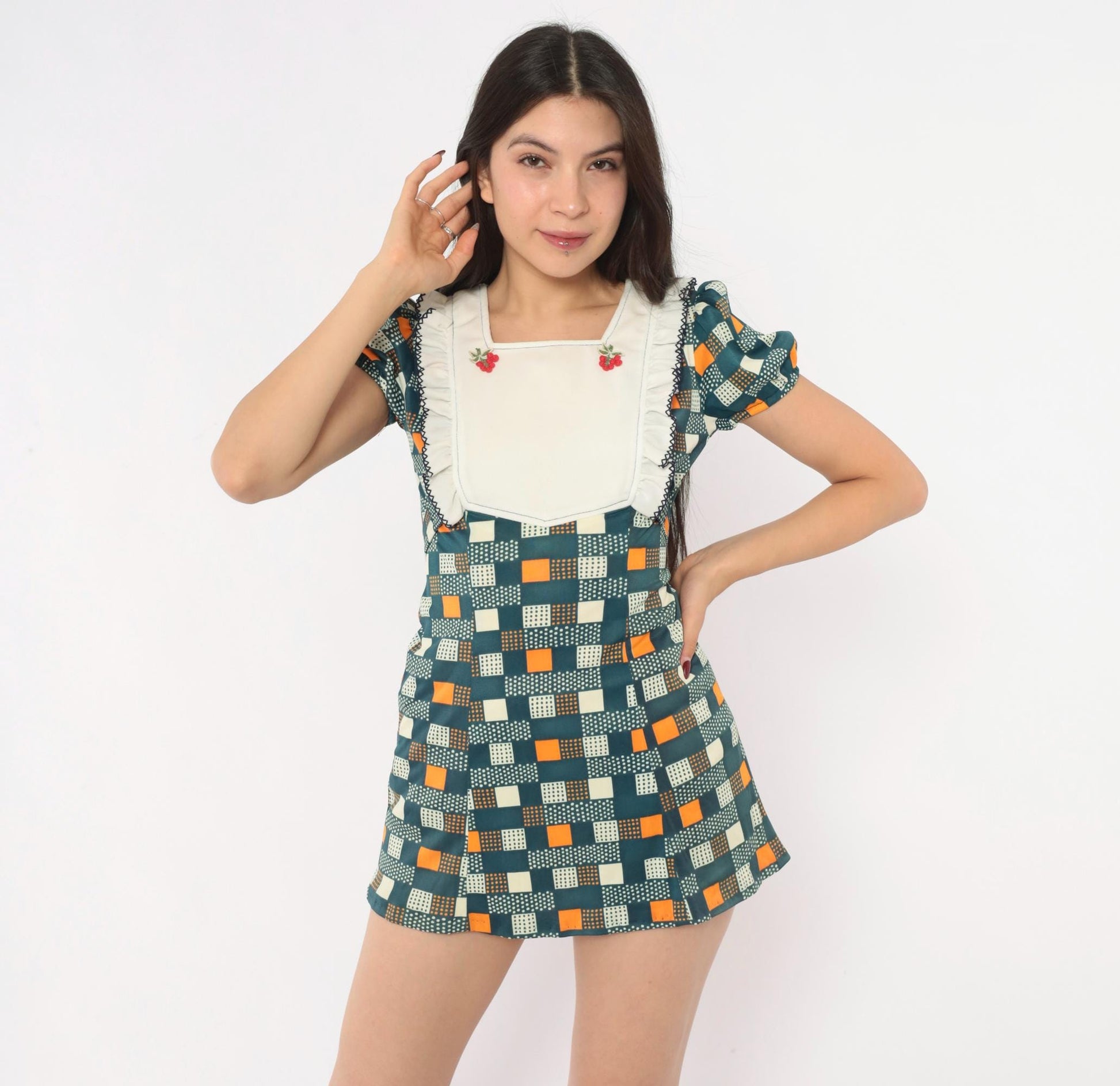 70s Navy Mini Dress Cherry Embroidered Geometric Puff Sleeve Bib Front Extra Small