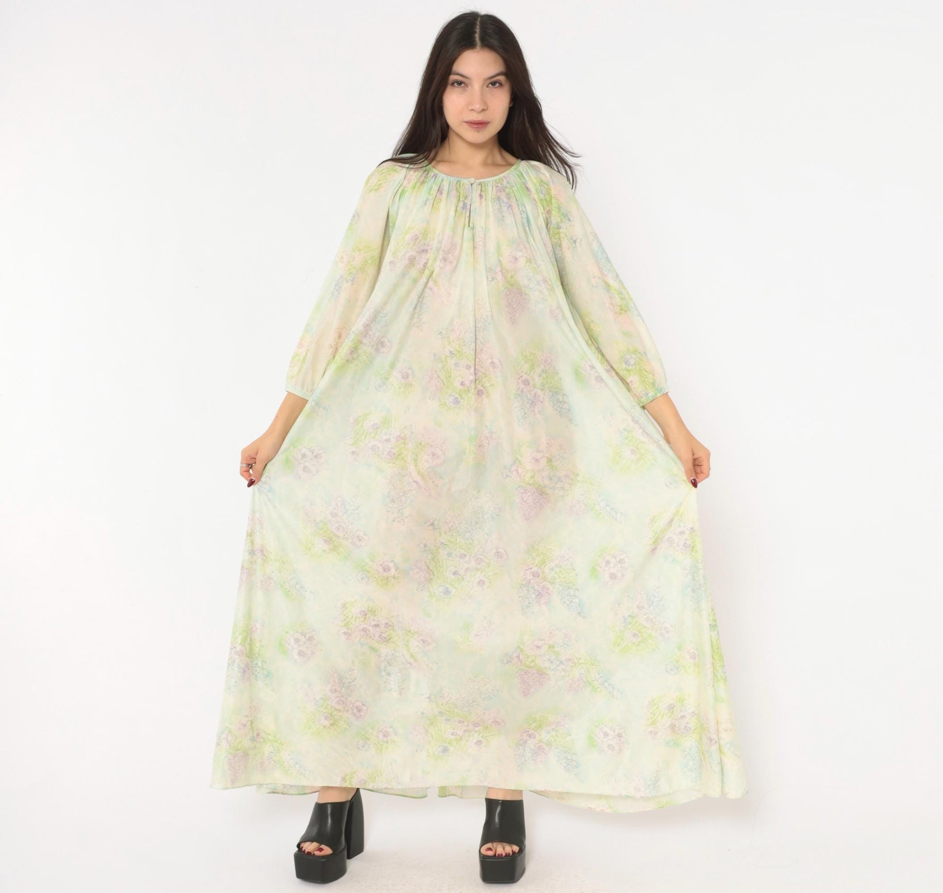 70s Floral Watercolor Maxi Nightgown Lavender Pink Blue Balloon Sleeve Medium M