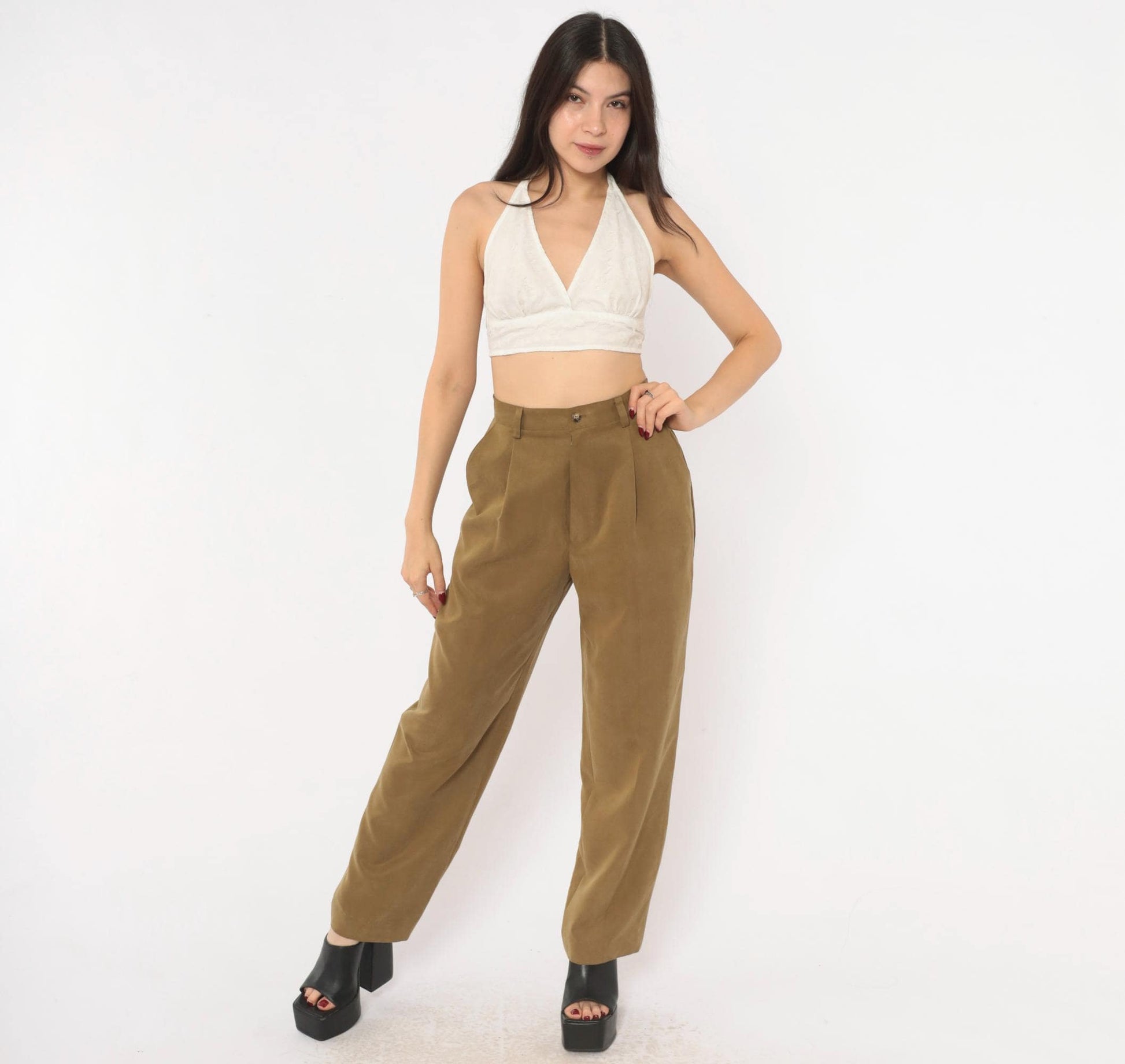 90s Pleated High-Waist Trousers Olive Tapered Leg Front Pleat Extra Small XS