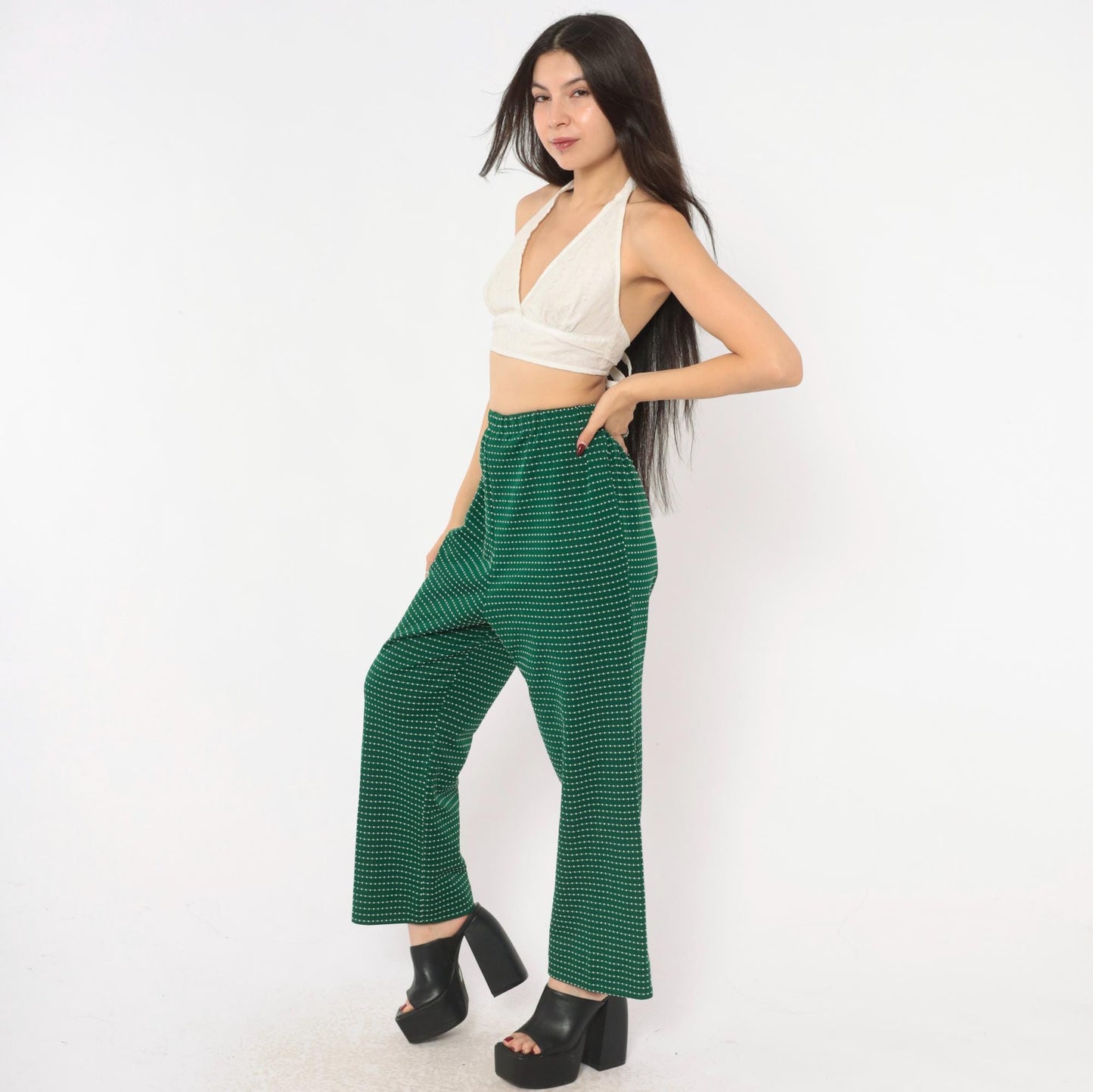70s Green White Dotted Stripe Pull-On Trousers High Rise Wide Leg Small Medium