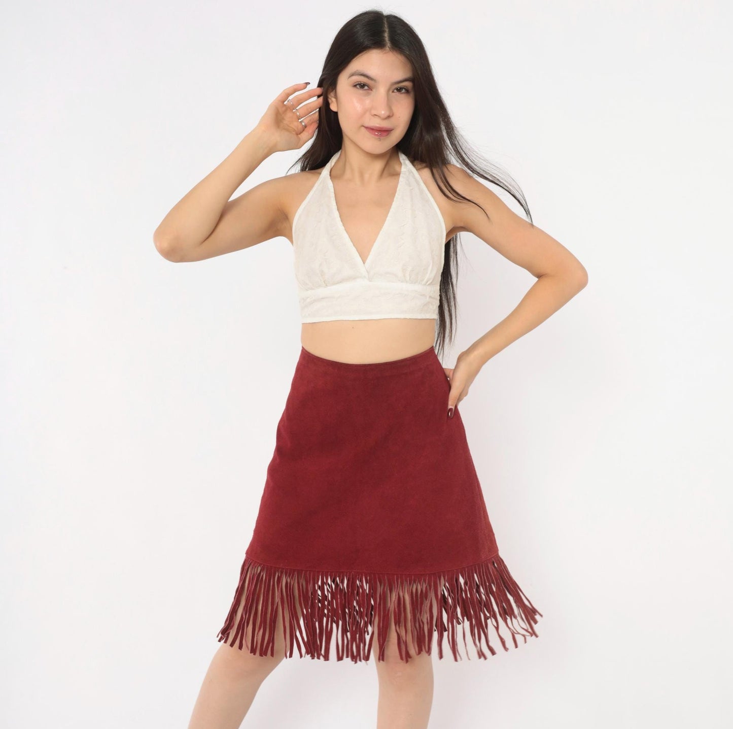 80s Passport Burgundy Suede Fringe A-Line Skirt High Waist Knee Length Large