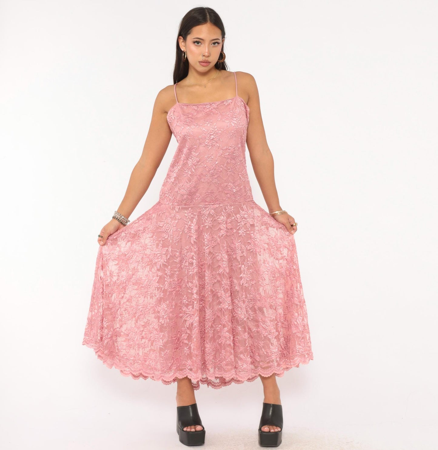 80s Pat Richards Pink Lace Maxi Dress Floral Embroidered Drop Waist Medium