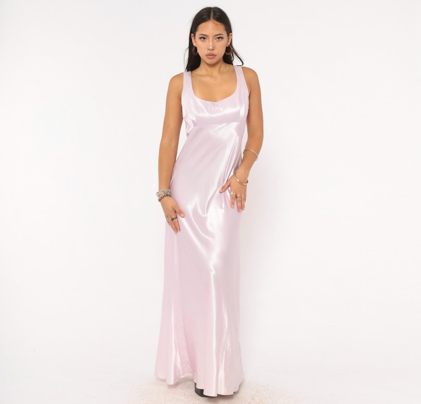 90s Niki Originals Lilac Satin Maxi Gown Sweetheart Neckline Lace-Up Back Medium M