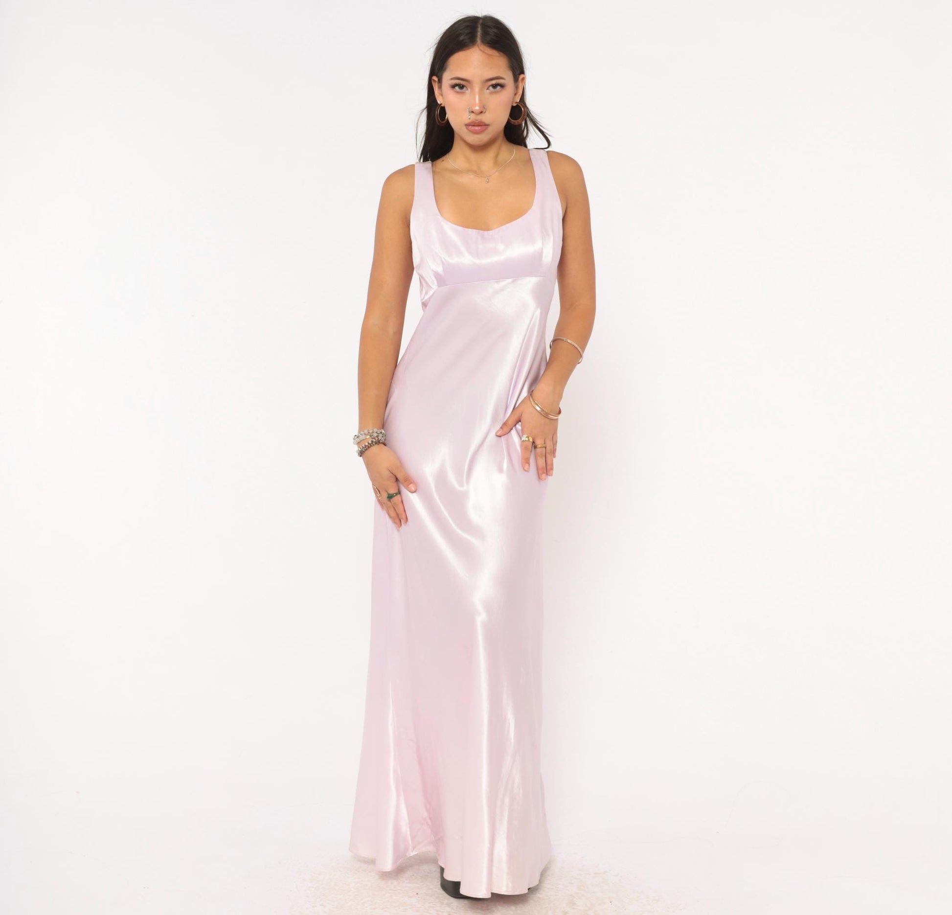 90s Niki Originals Lilac Satin Maxi Gown Sweetheart Neckline Lace-Up Back Medium M