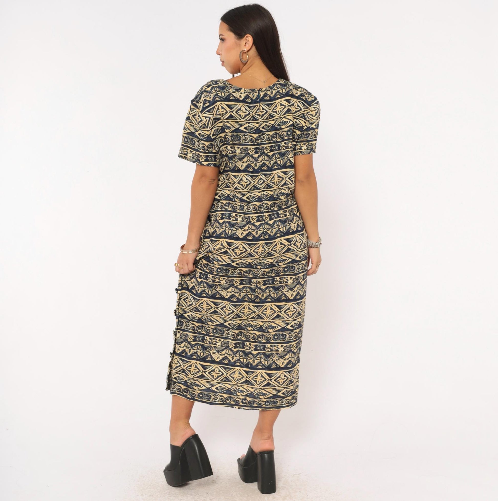 00s Maggy London Tribal Print Midi Dress Navy Cream Geometric Scoop Neck Large L
