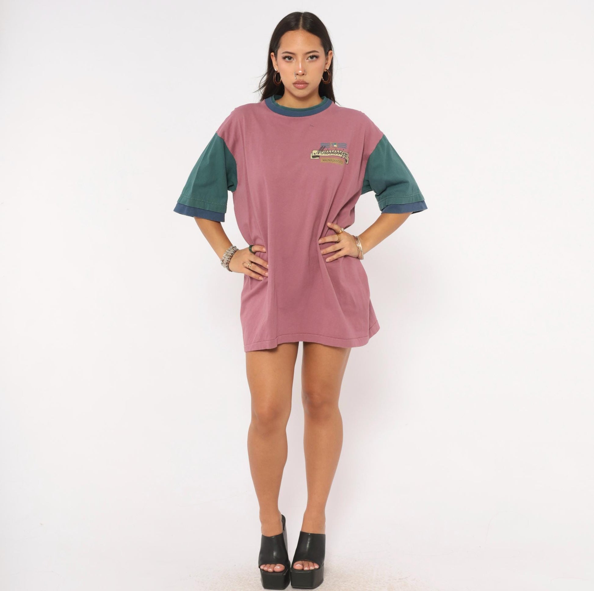 90s Mississippi Magnolia State Color Block Tee Mauve Teal Cotton Extra Large