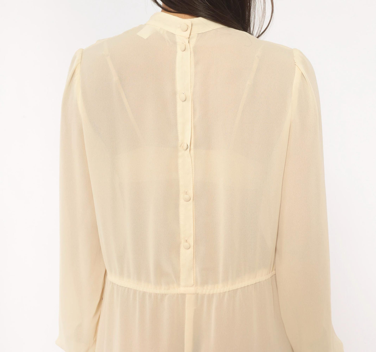 70s Jimmy Los Angeles Cream Chiffon Midi Dress Mandarin Collar Medium M