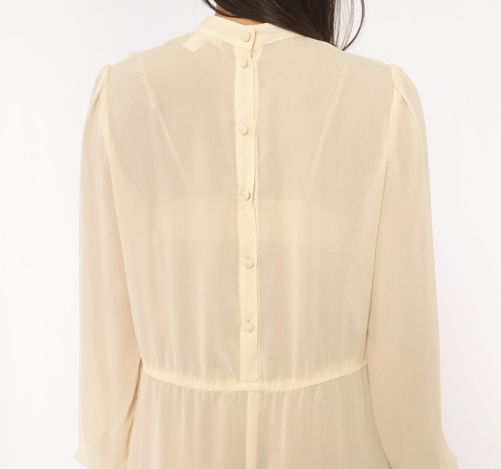 70s Jimmy Los Angeles Cream Chiffon Midi Dress Mandarin Collar Medium M