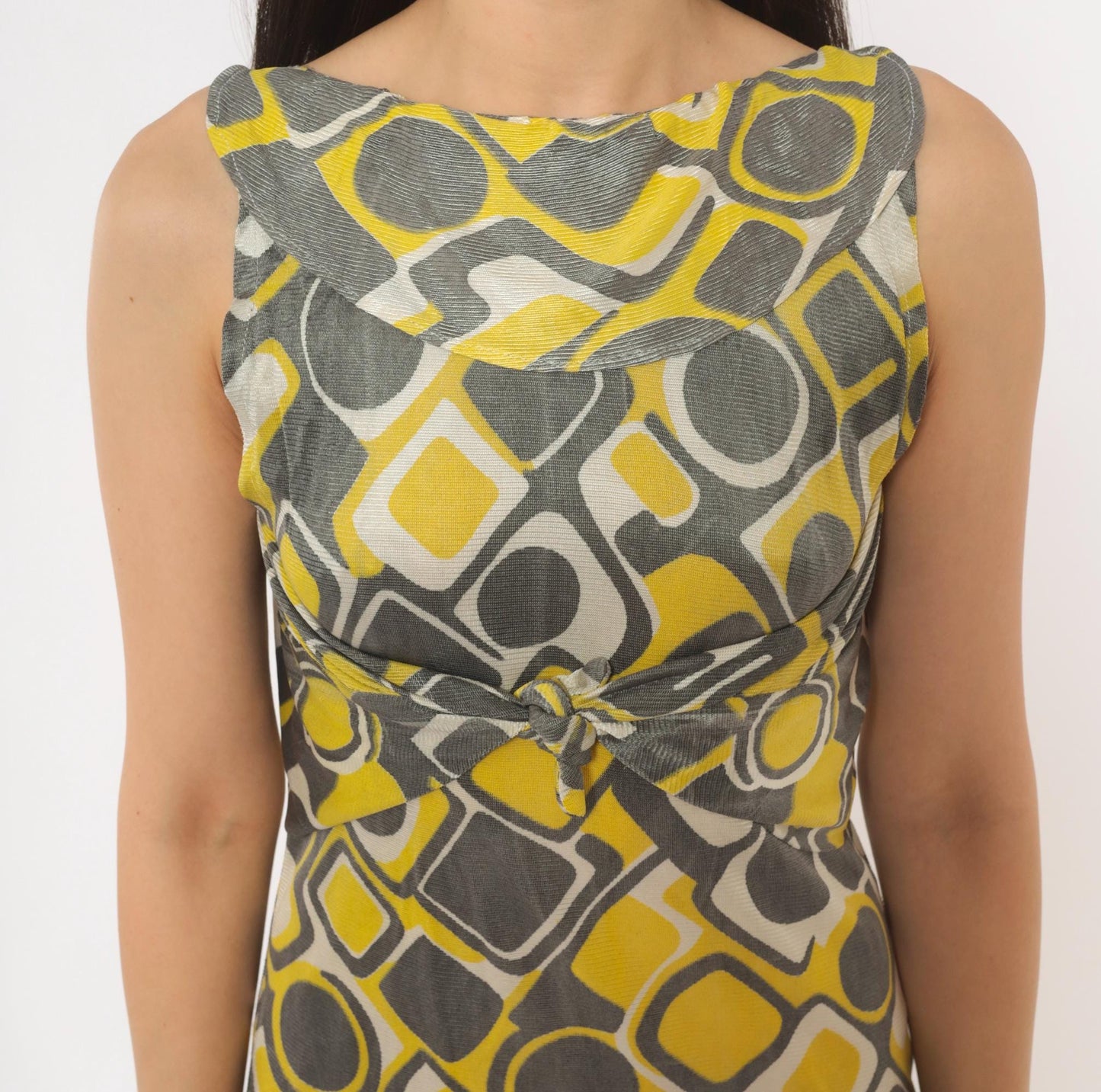 1960s Space Age Mod Mini Dress Yellow Grey Geometric Print Tie Waist Extra Small XS