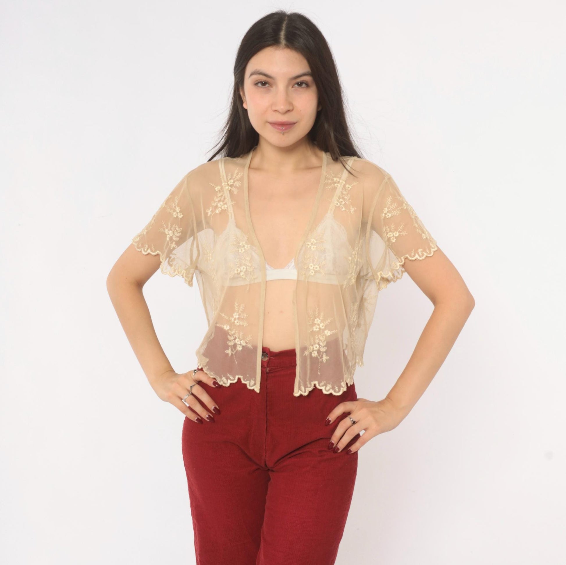 90s Newport News Embroidered Mesh Blouse Cream Floral V-Neck Small
