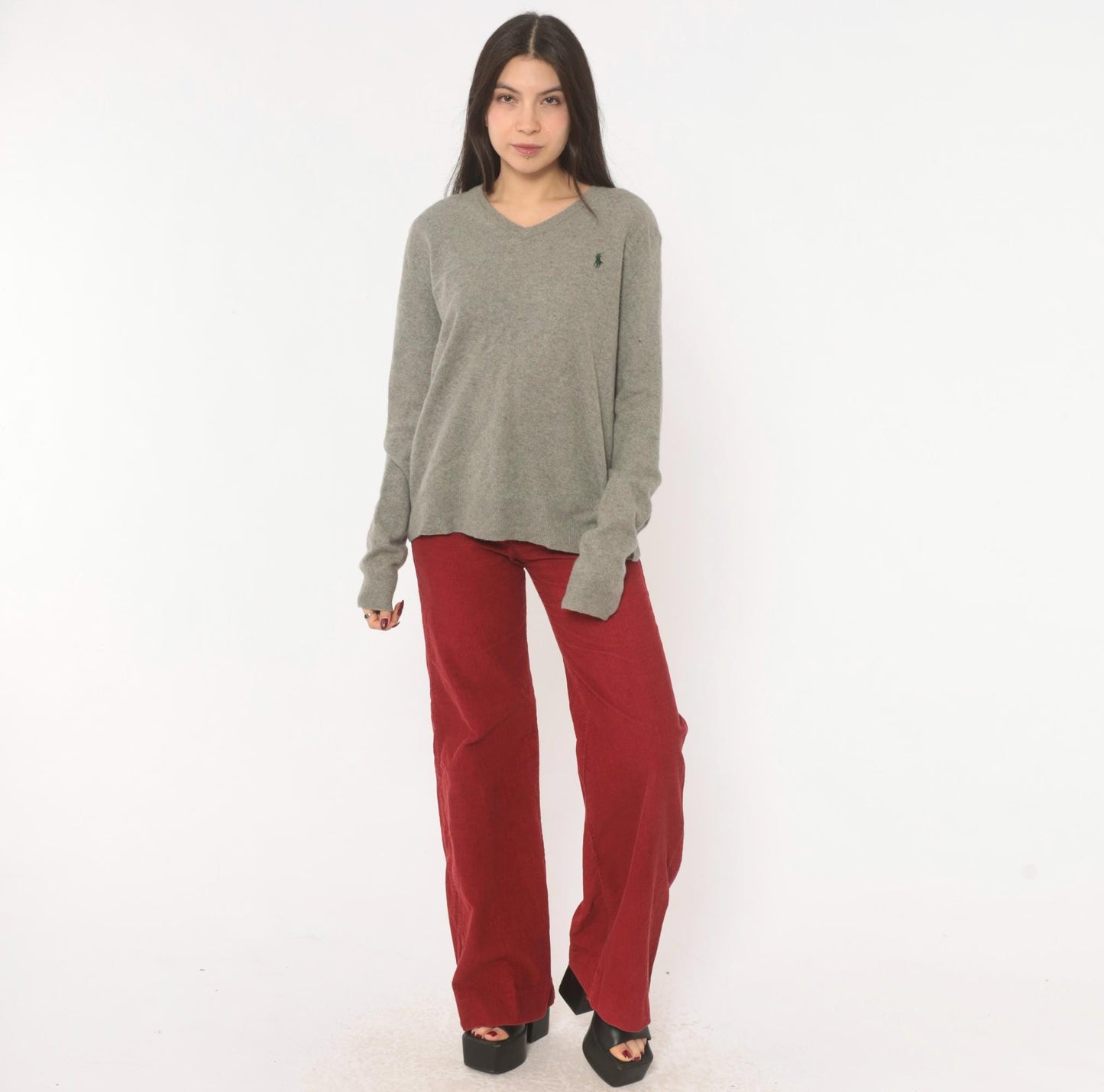 Y2K Ralph Lauren Grey Merino Wool V-Neck Sweater Distressed Large L