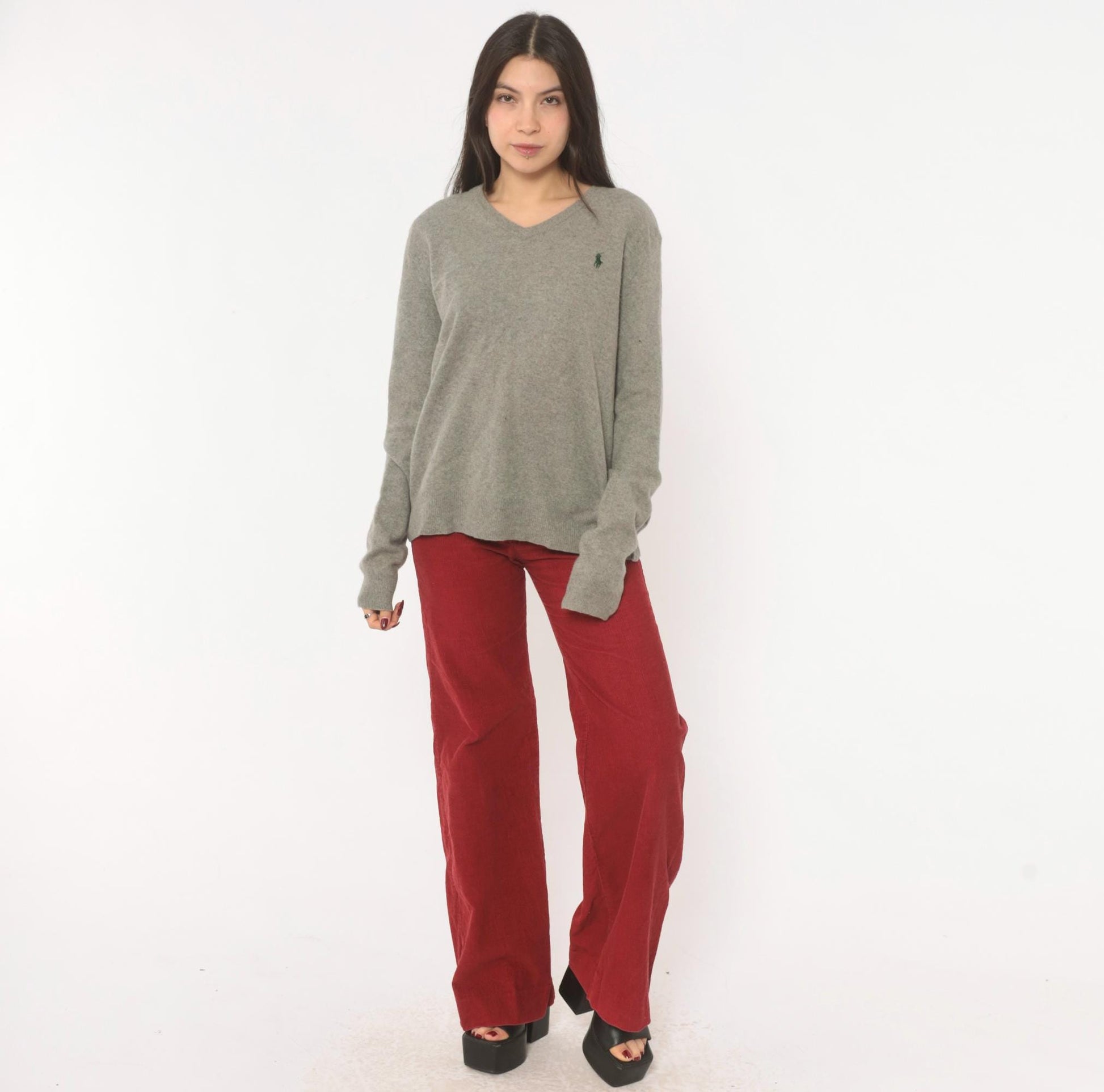 Y2K Ralph Lauren Grey Merino Wool V-Neck Sweater Distressed Large L
