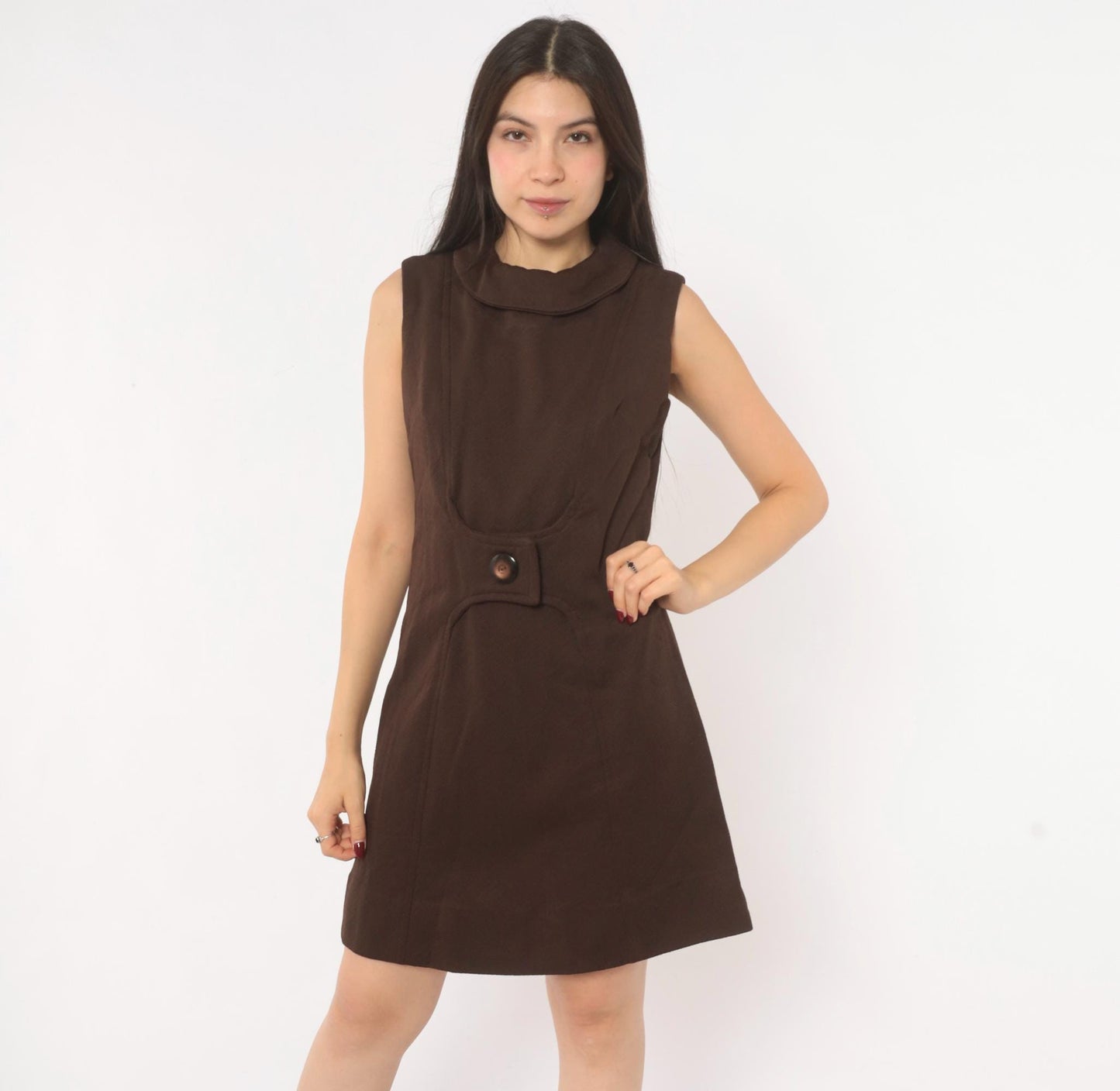 60s Mod Shift Dress Chocolate Brown Sleeveless A-Line Mini Small