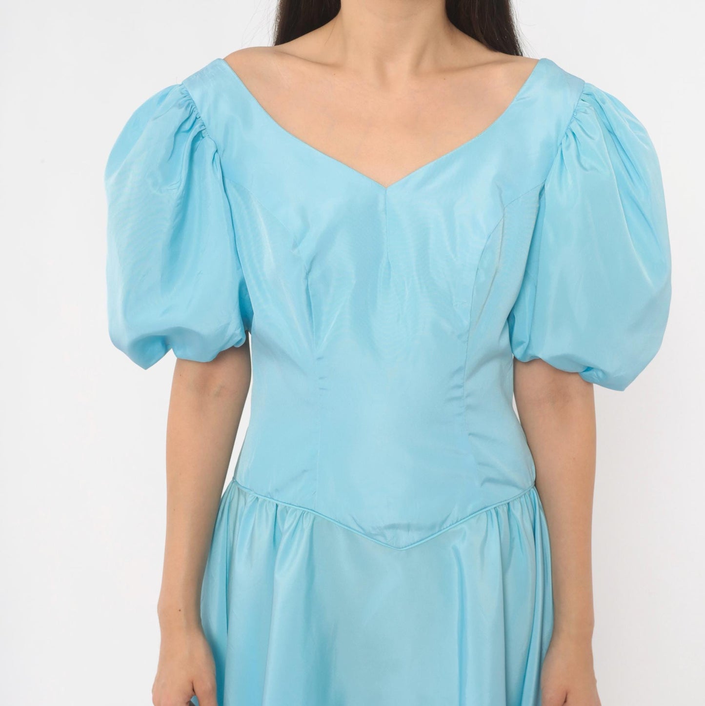80s Sky Blue Puff Sleeve Gown Sweetheart Neckline Bow Back Maxi Medium M
