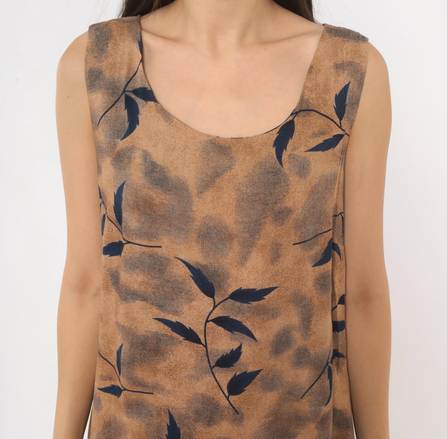 90s Miss Dorby Leaf Print Maxi Dress Tan Navy Sleeveless Medium M