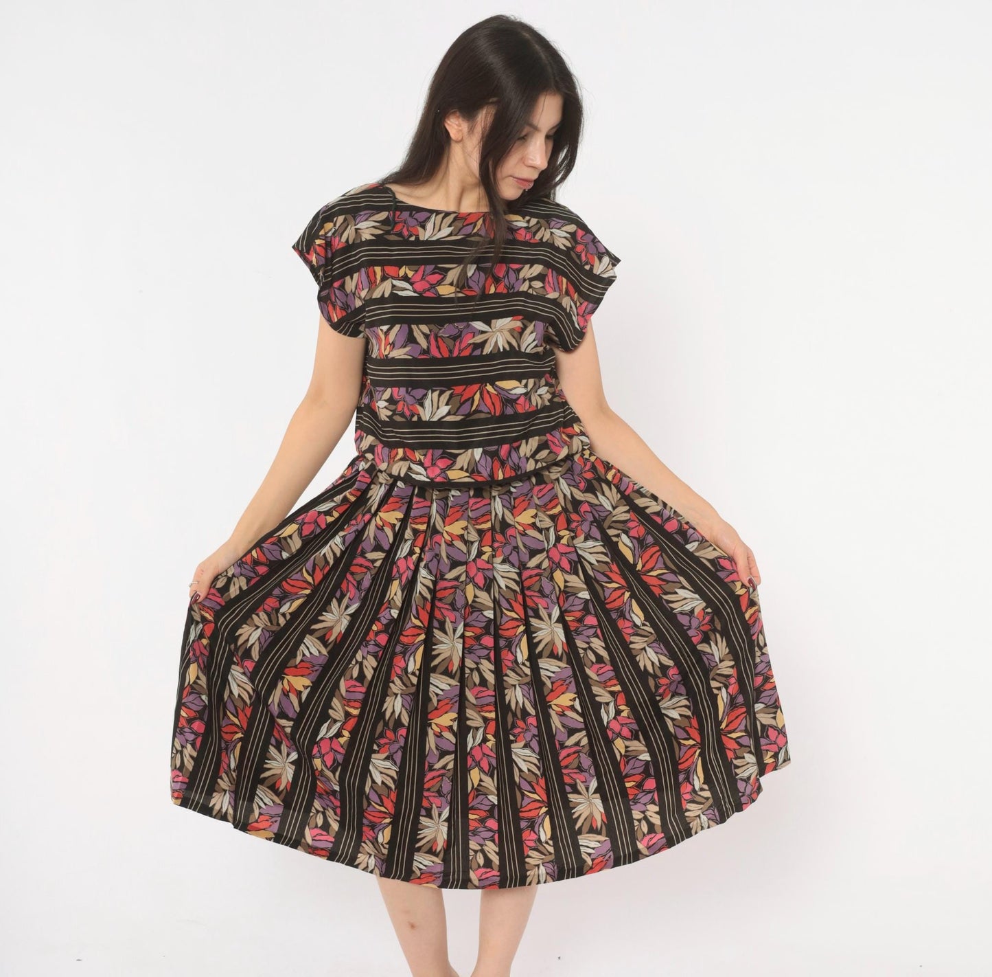 80s Secrets Botanical Leaf Print Midi Dress Black Cap Sleeve Drop Waist Small