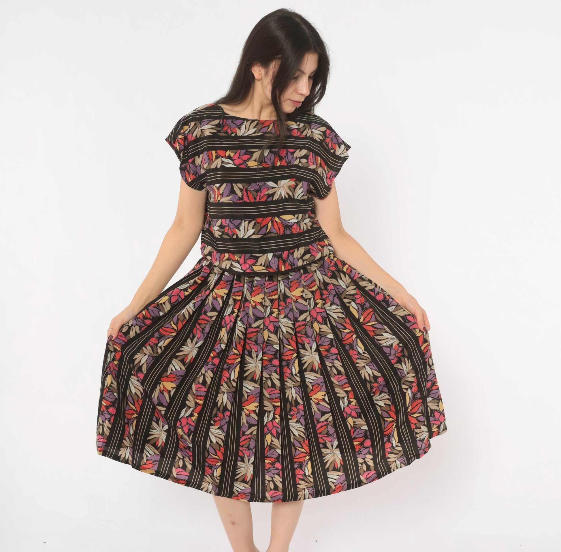 80s Secrets Botanical Leaf Print Midi Dress Black Cap Sleeve Drop Waist Small