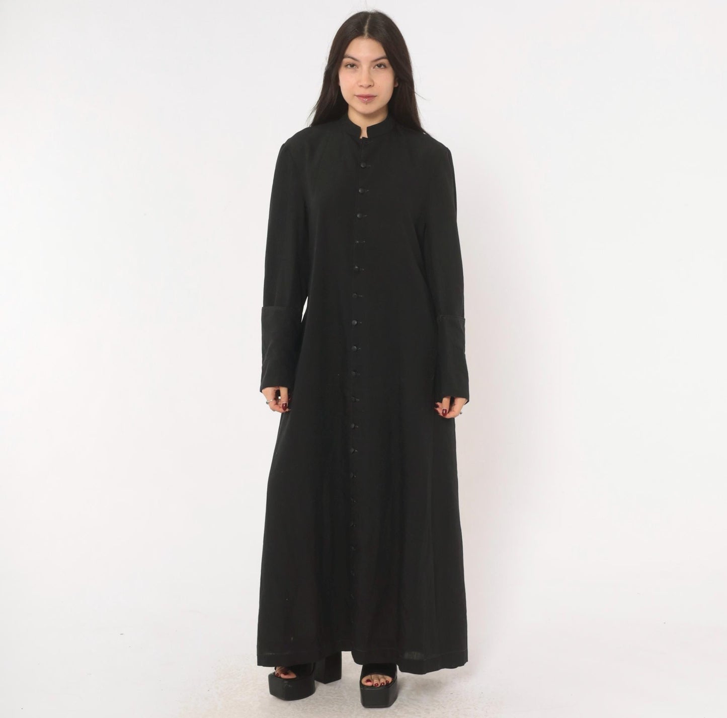 90s Black Maxi Dress Mandarin Collar Button Front Long Sleeve Medium