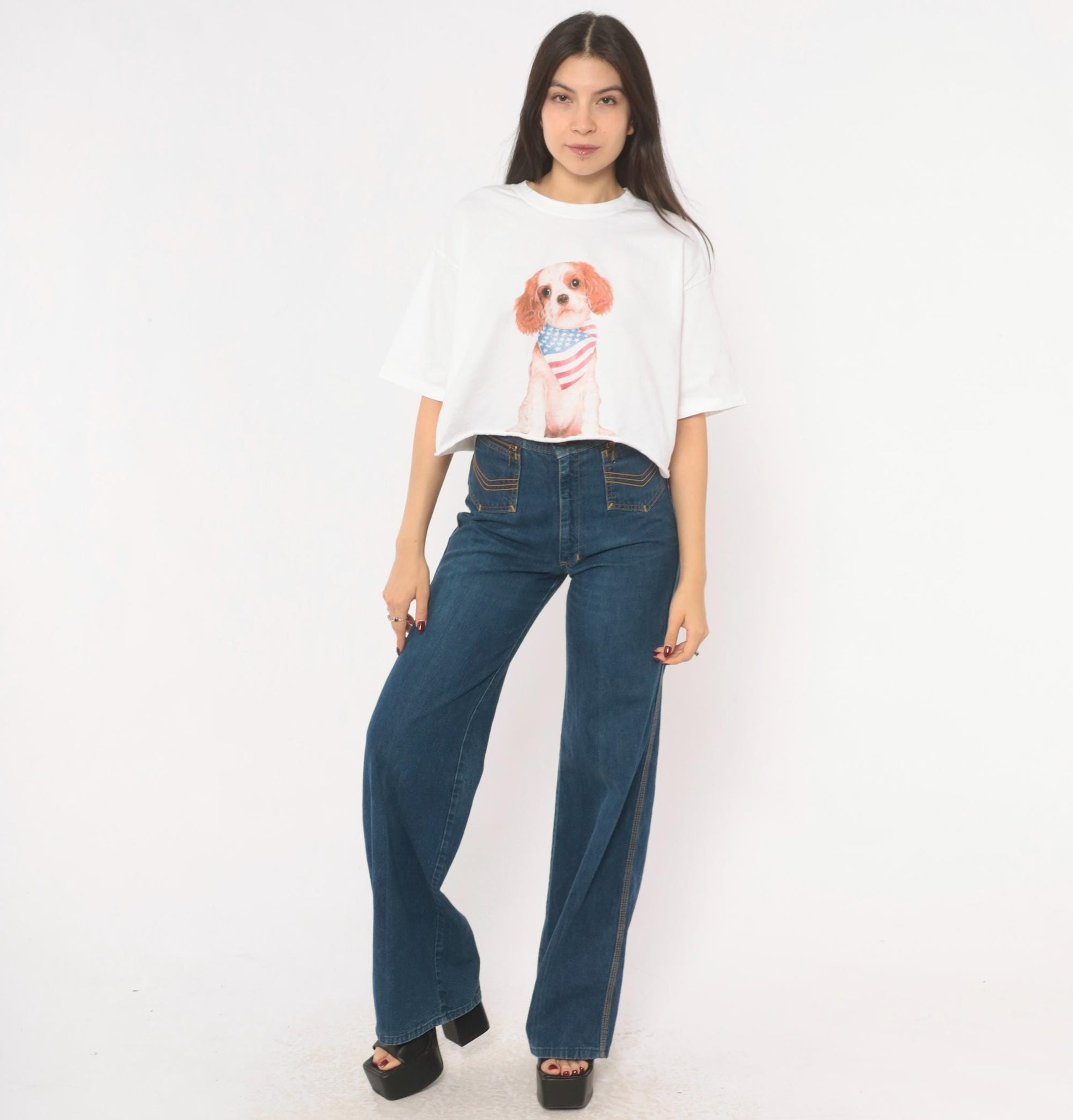 90s Yazbek Puppy Dog American Flag Bandana Graphic Crop Tee White Cotton Medium
