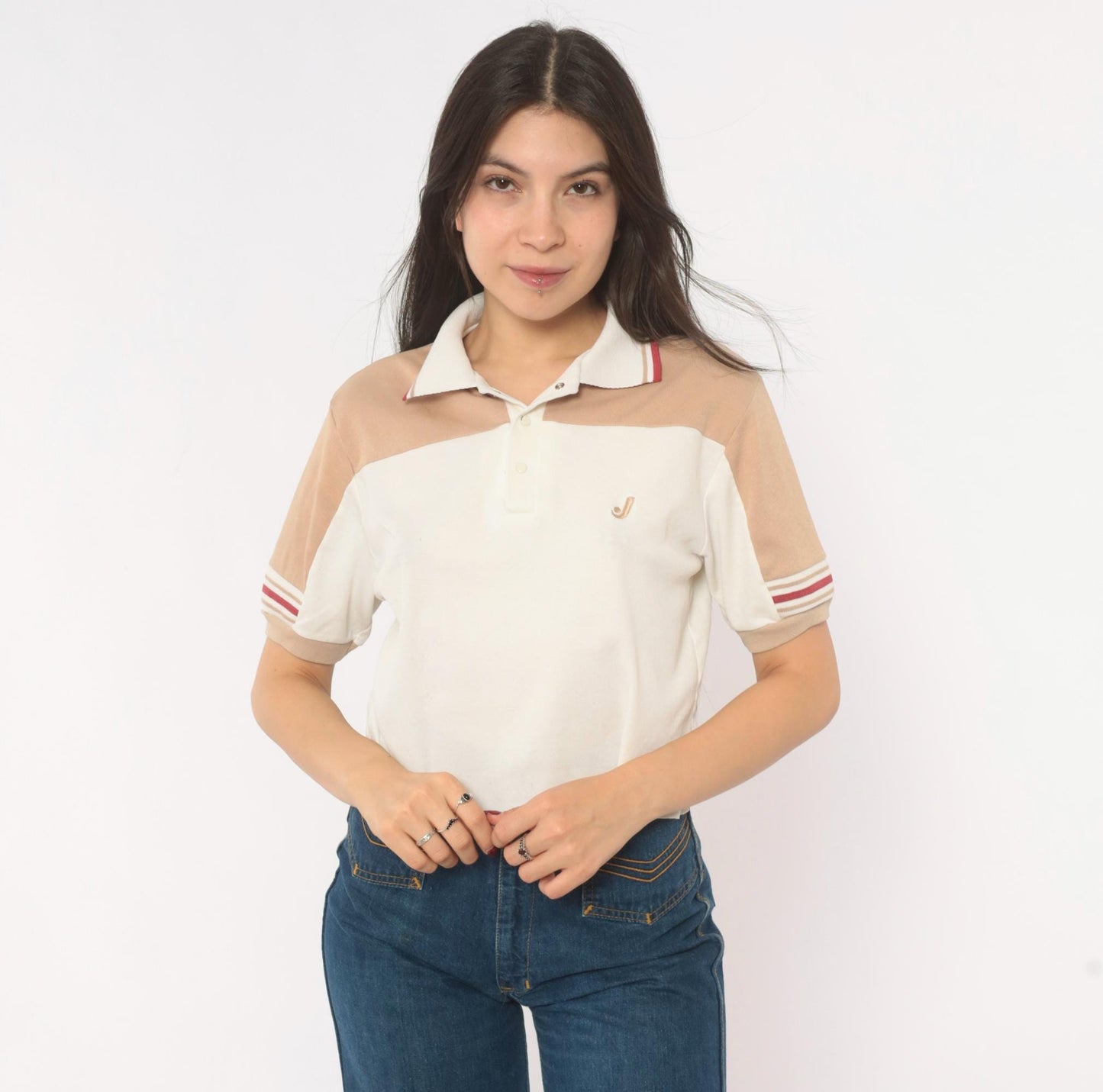 80s Jantzen Polo Cream Tan Color Block Snap Button Knit Top Small S