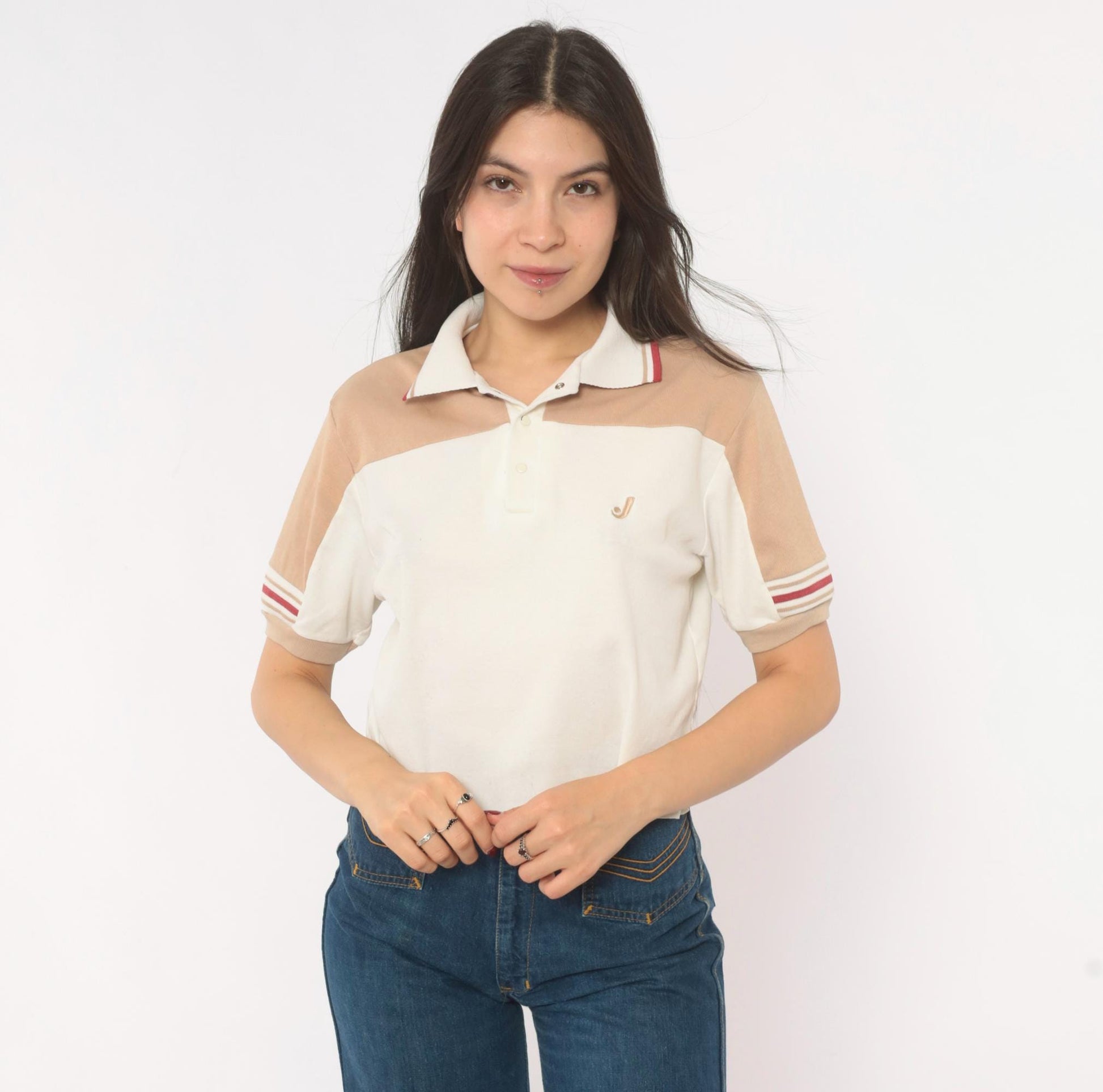 80s Jantzen Polo Cream Tan Color Block Snap Button Knit Top Small S