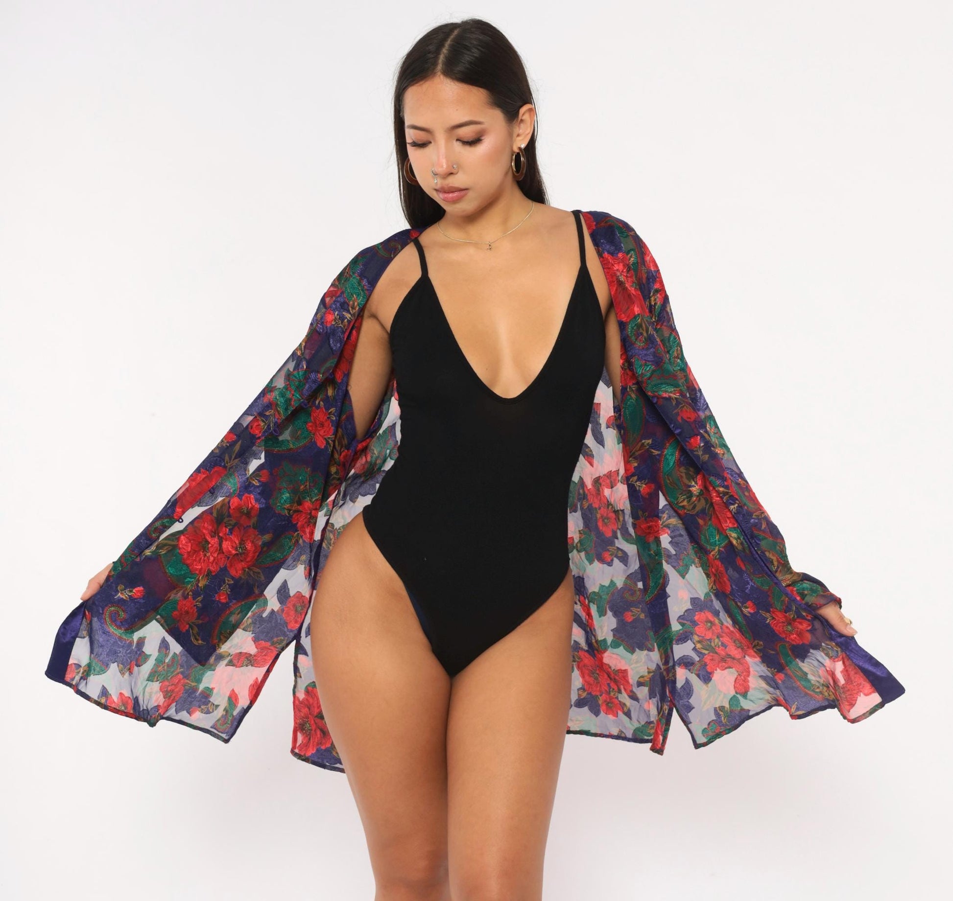 90s Victoria's Secret Sheer Robe Navy Red Floral Bell Sleeve Button Front Medium