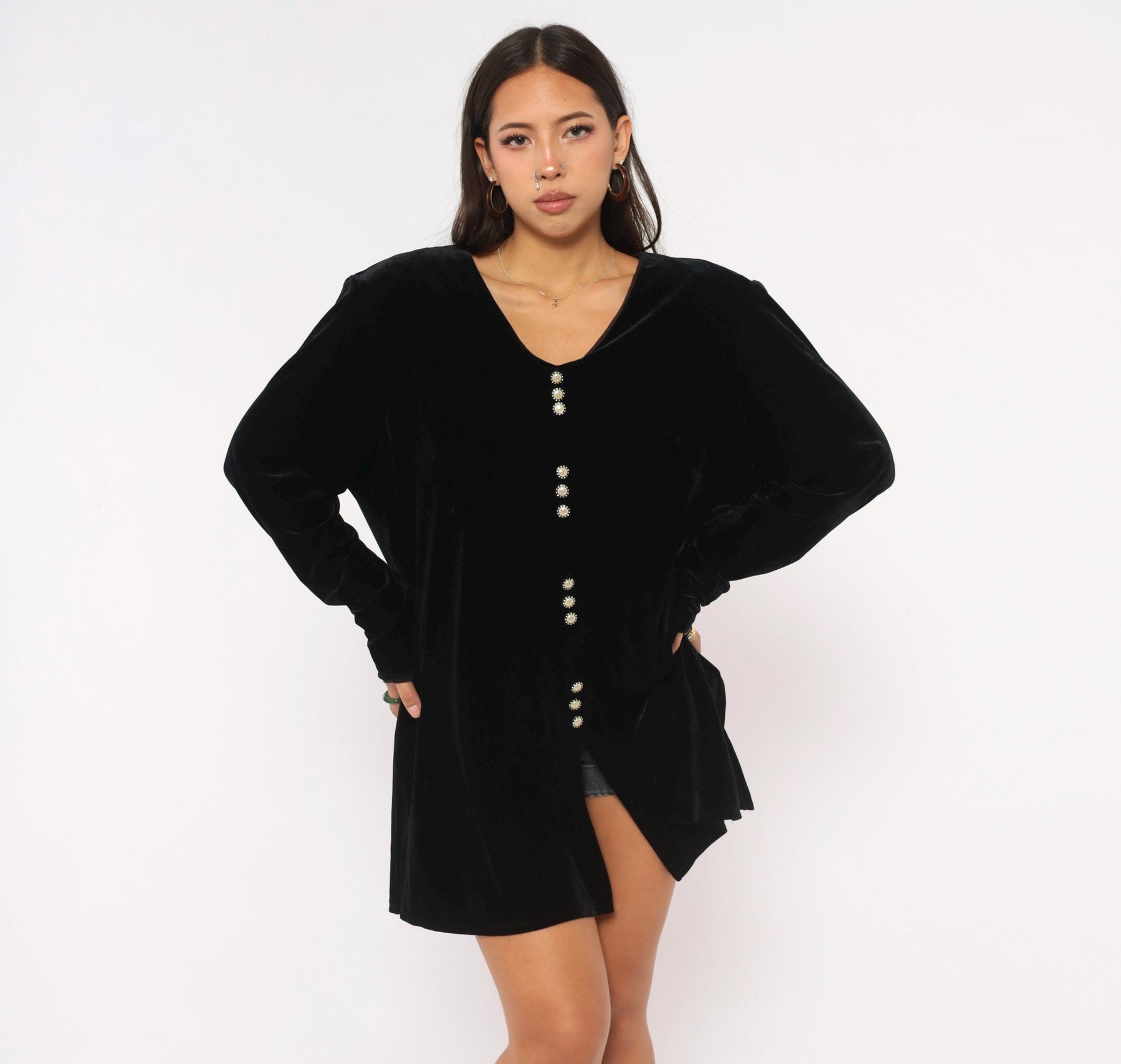 90s Another Thyme Black Velvet Mini Dress Pearl Buttons V-Neck Plus Size 1X