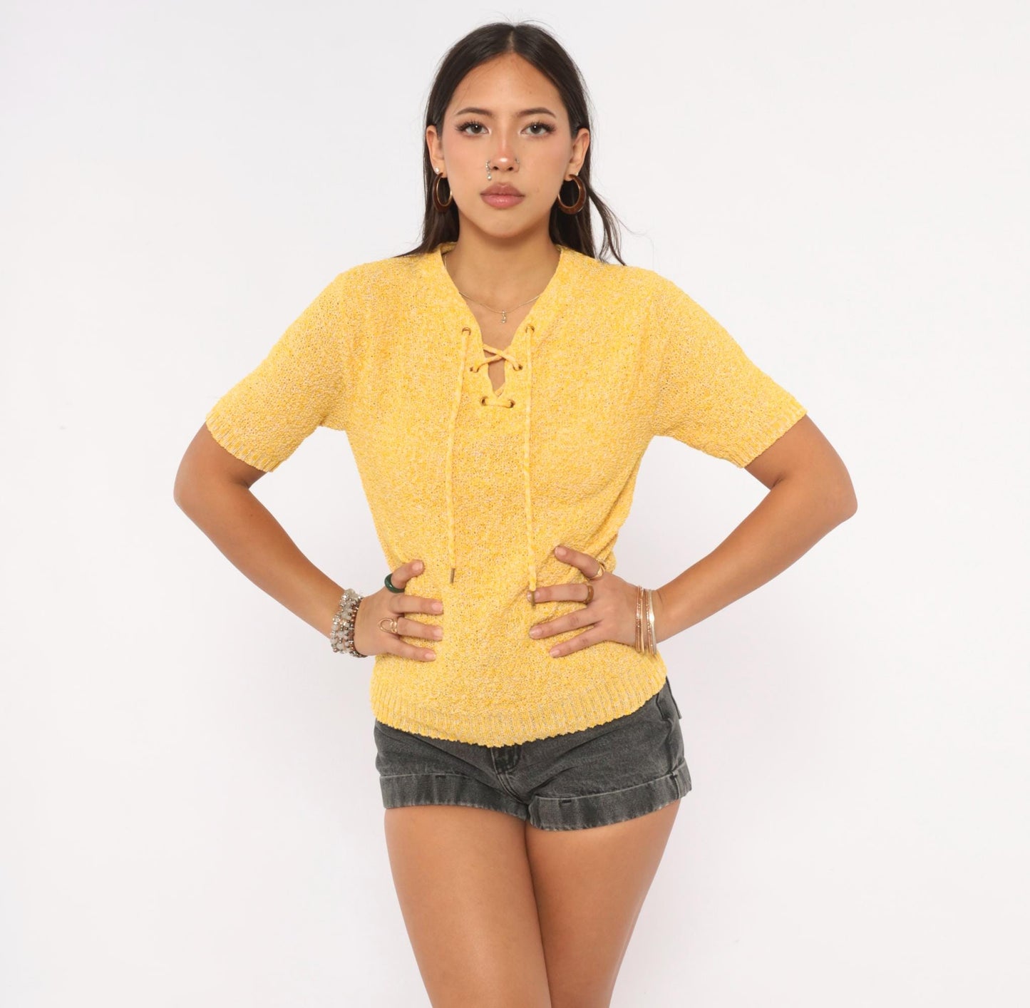 70s Sears Yellow Bouclé Knit Top Lace-Up V-Neck Short Sleeve Small Medium