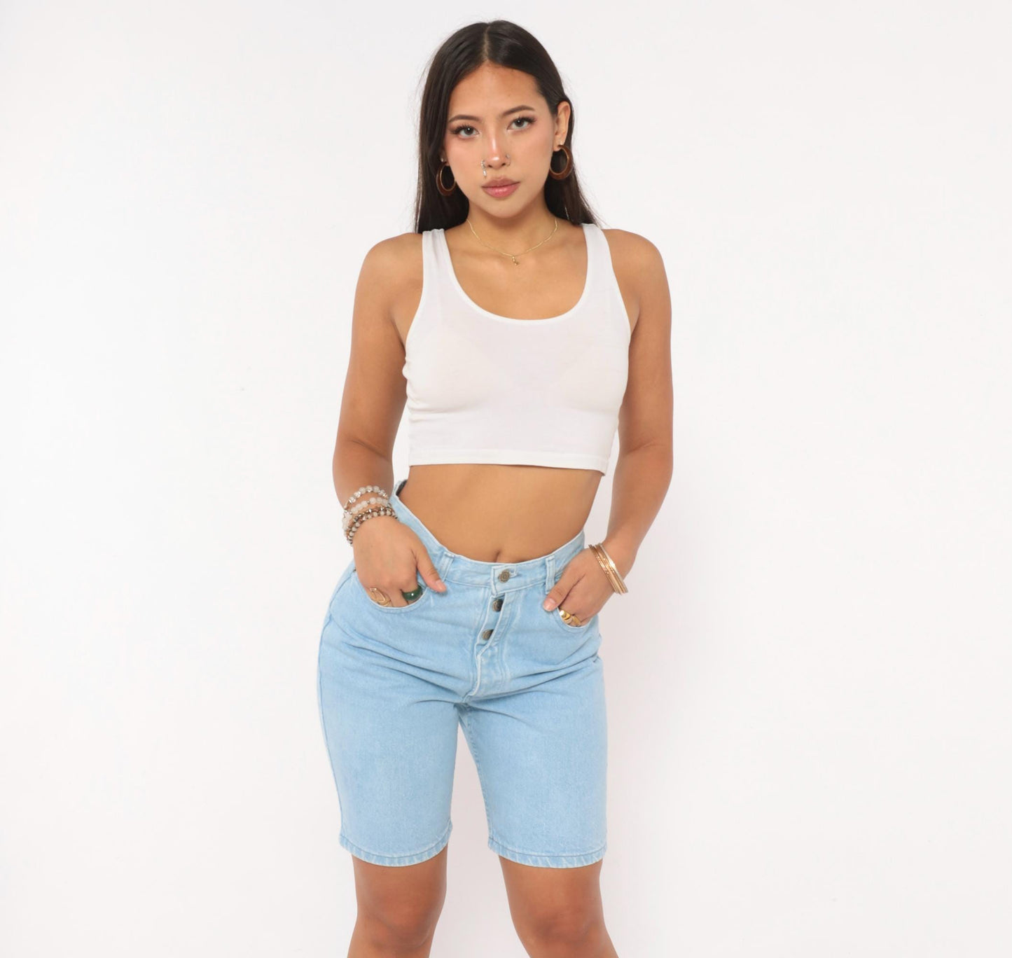 90s Bonjour Light Wash Denim Bermuda Shorts High Rise Button Fly Women's 26