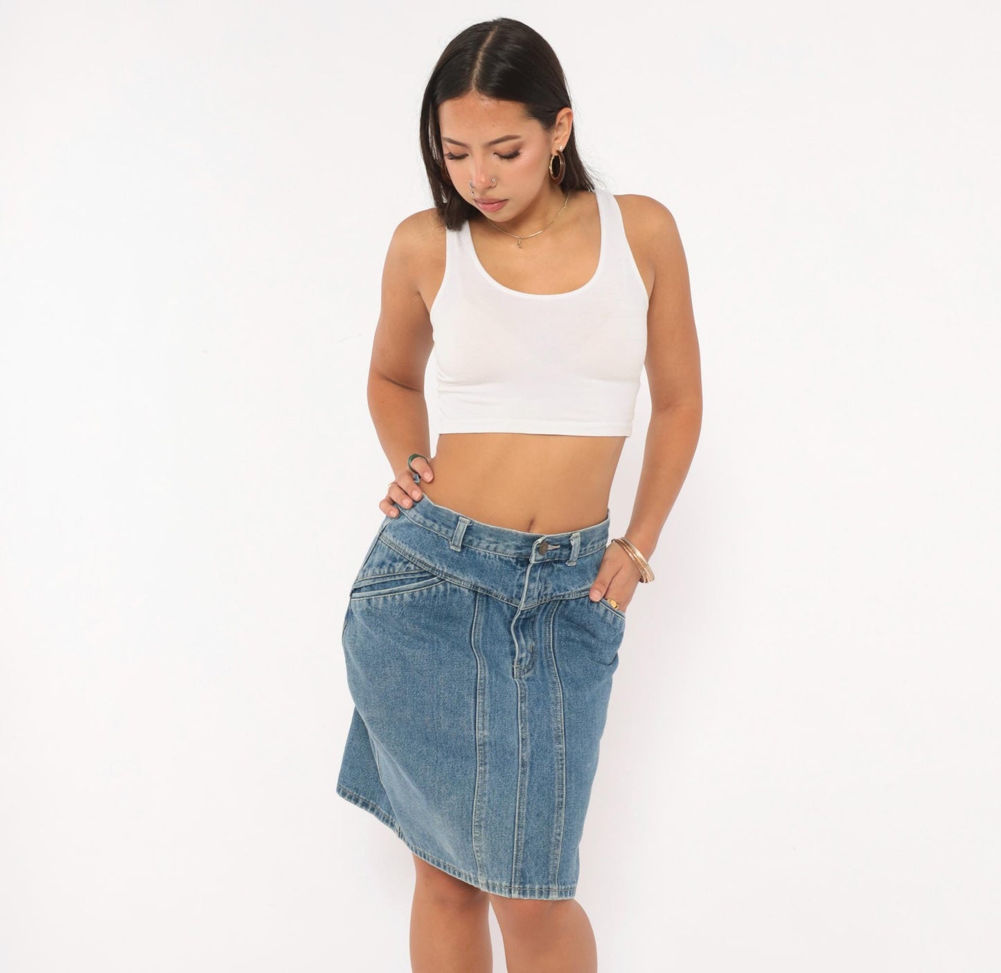 90s Stefano Denim Pencil Skirt High Waist Paneled Seam Blue Cotton Medium M