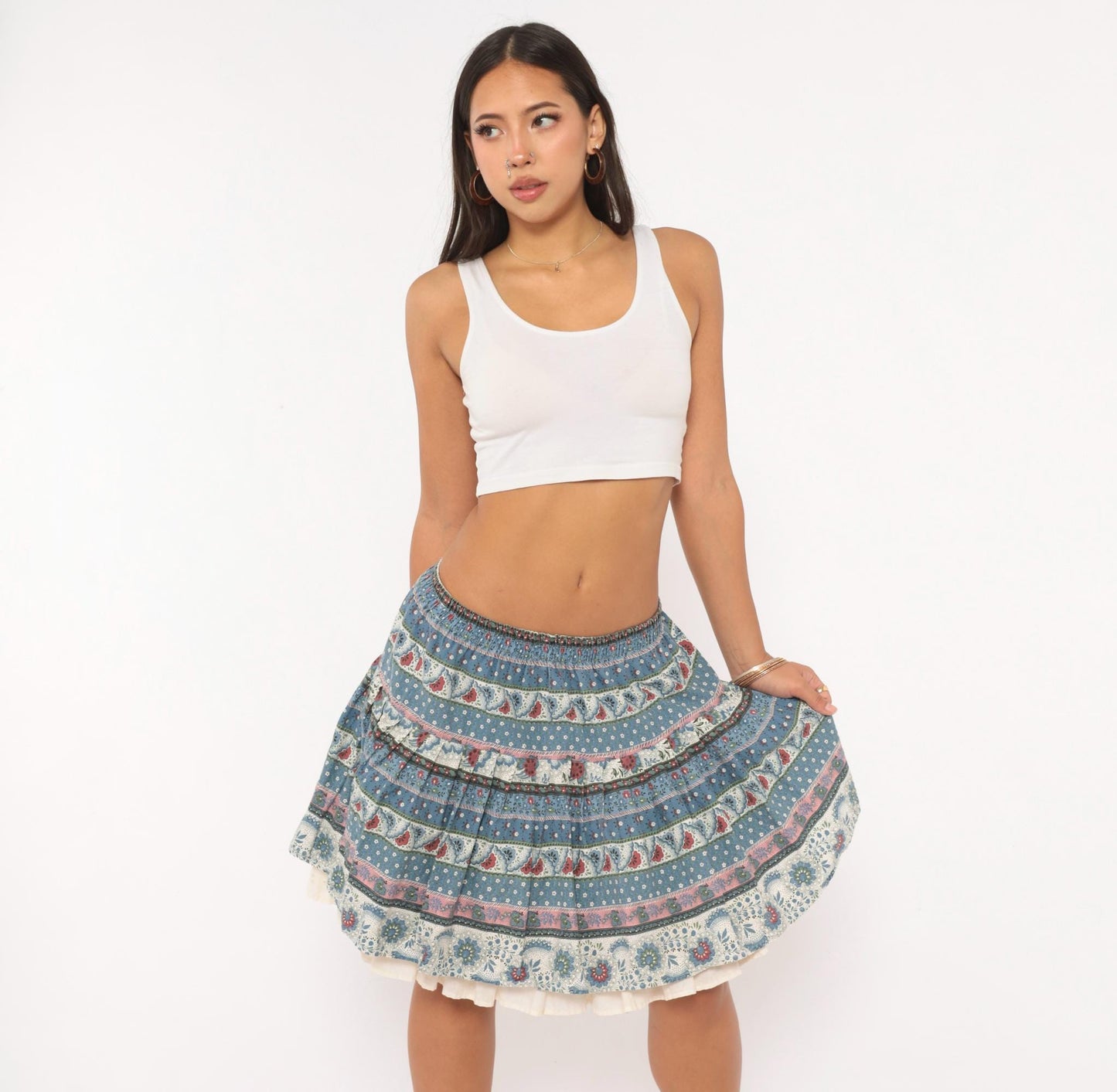 90s New Girls' Generation Tiered Prairie Skirt Blue Burgundy Floral Large L