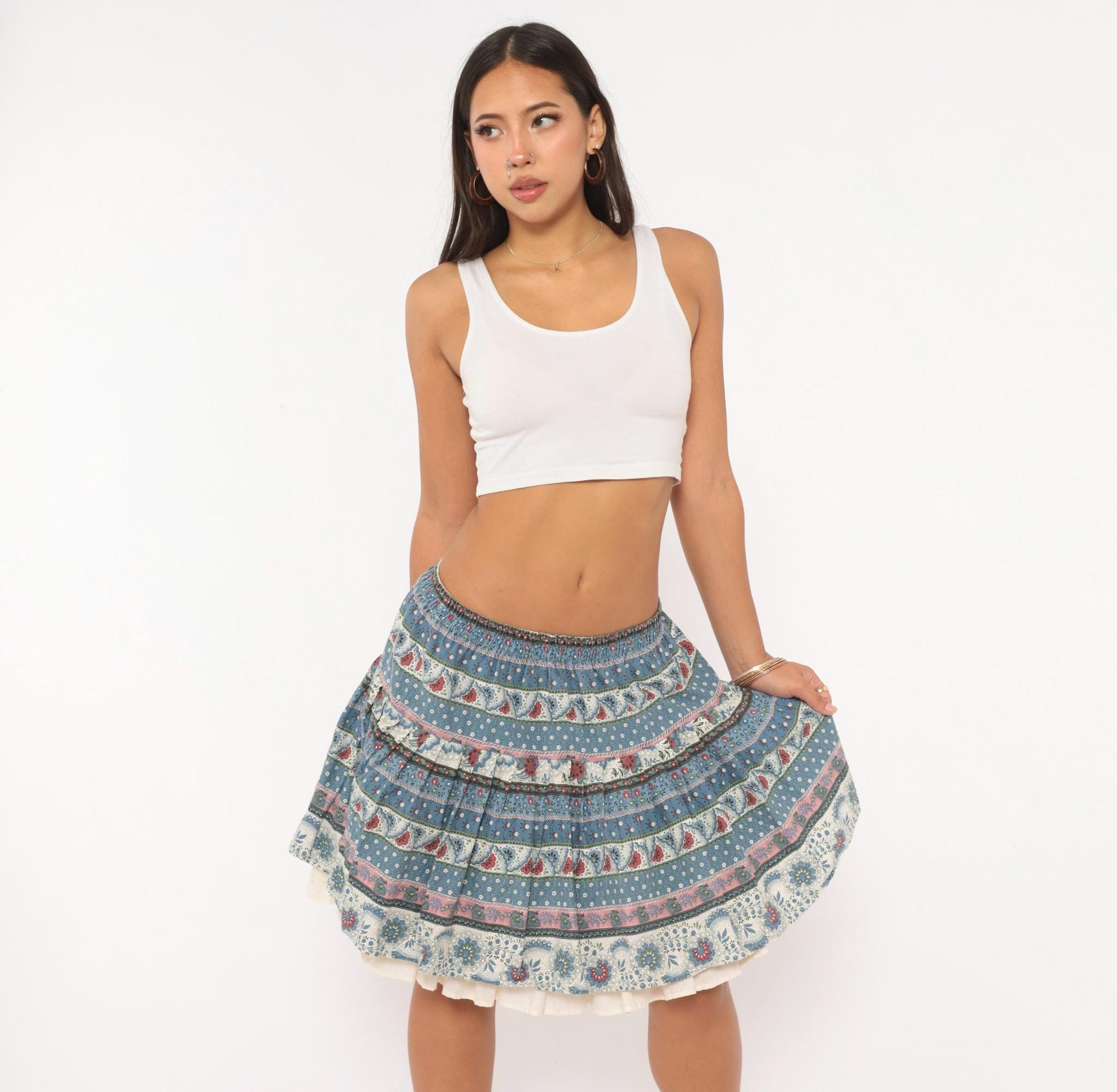 90s New Girls' Generation Tiered Prairie Skirt Blue Burgundy Floral Large L
