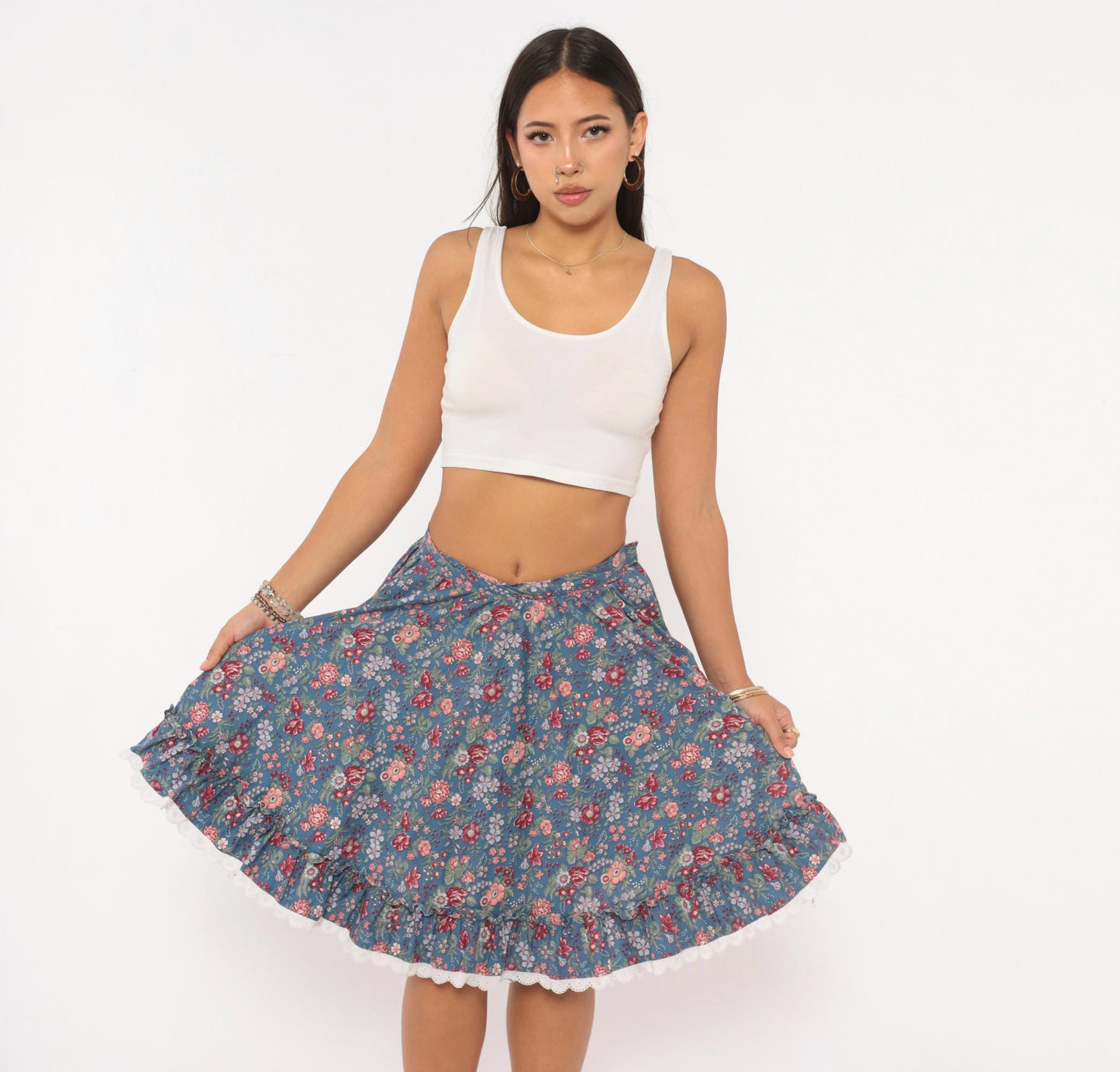 80s Dusty Blue Floral Circle Skirt Cotton Ruffled Lace Trim Small S