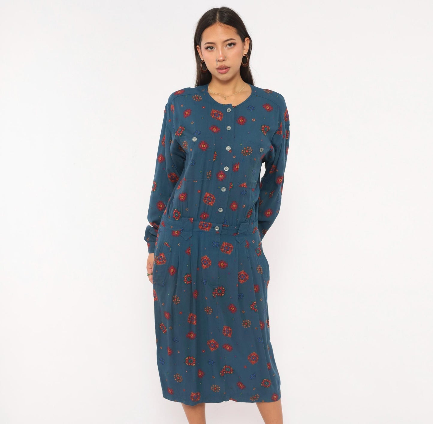 90s Liz Claiborne Geometric Folk Midi Dress Navy Button Front Extra Large XL
