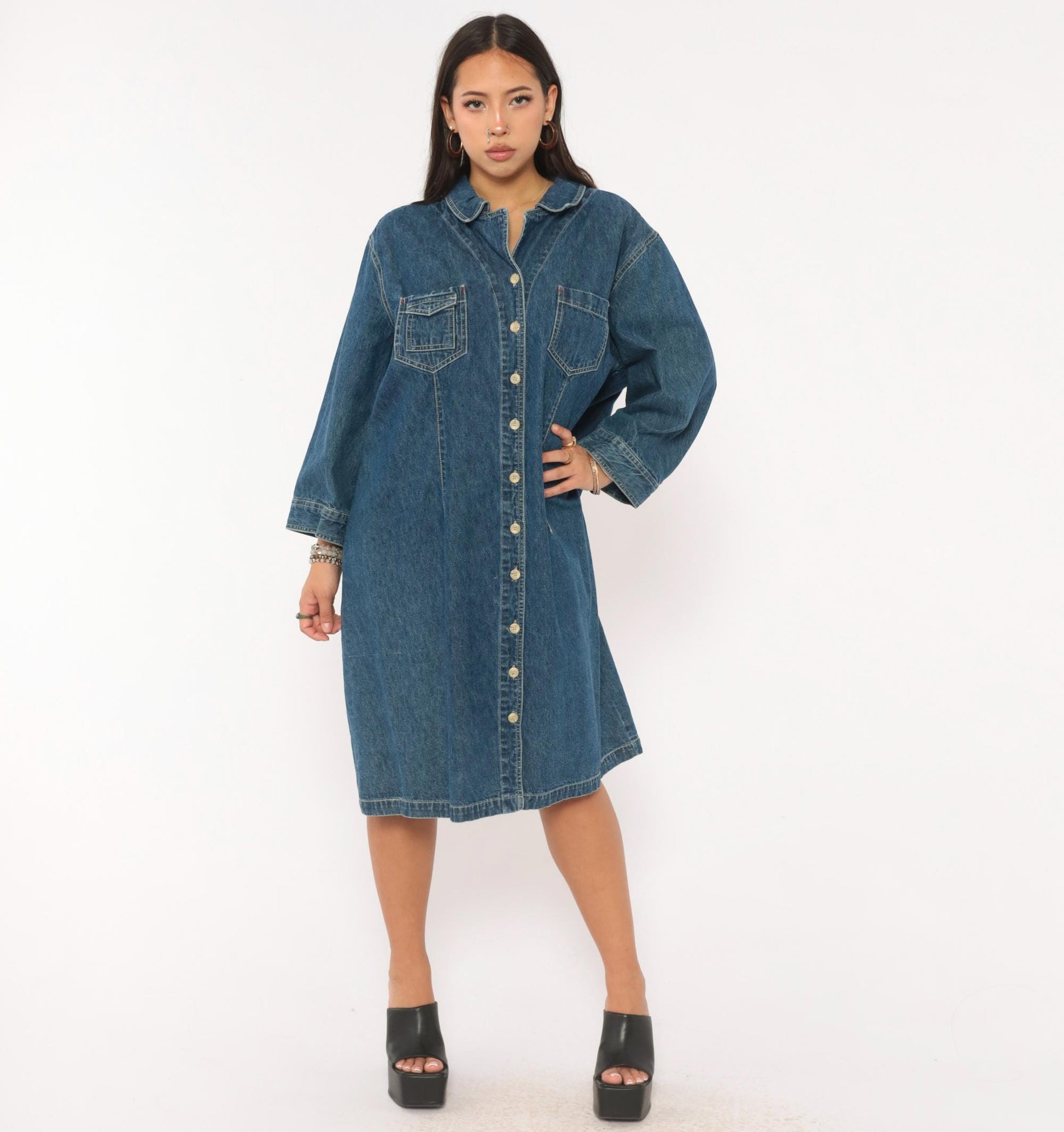 90s Carolina Blues Denim Shirt Dress Navy Button Front Cotton Plus Size XXL