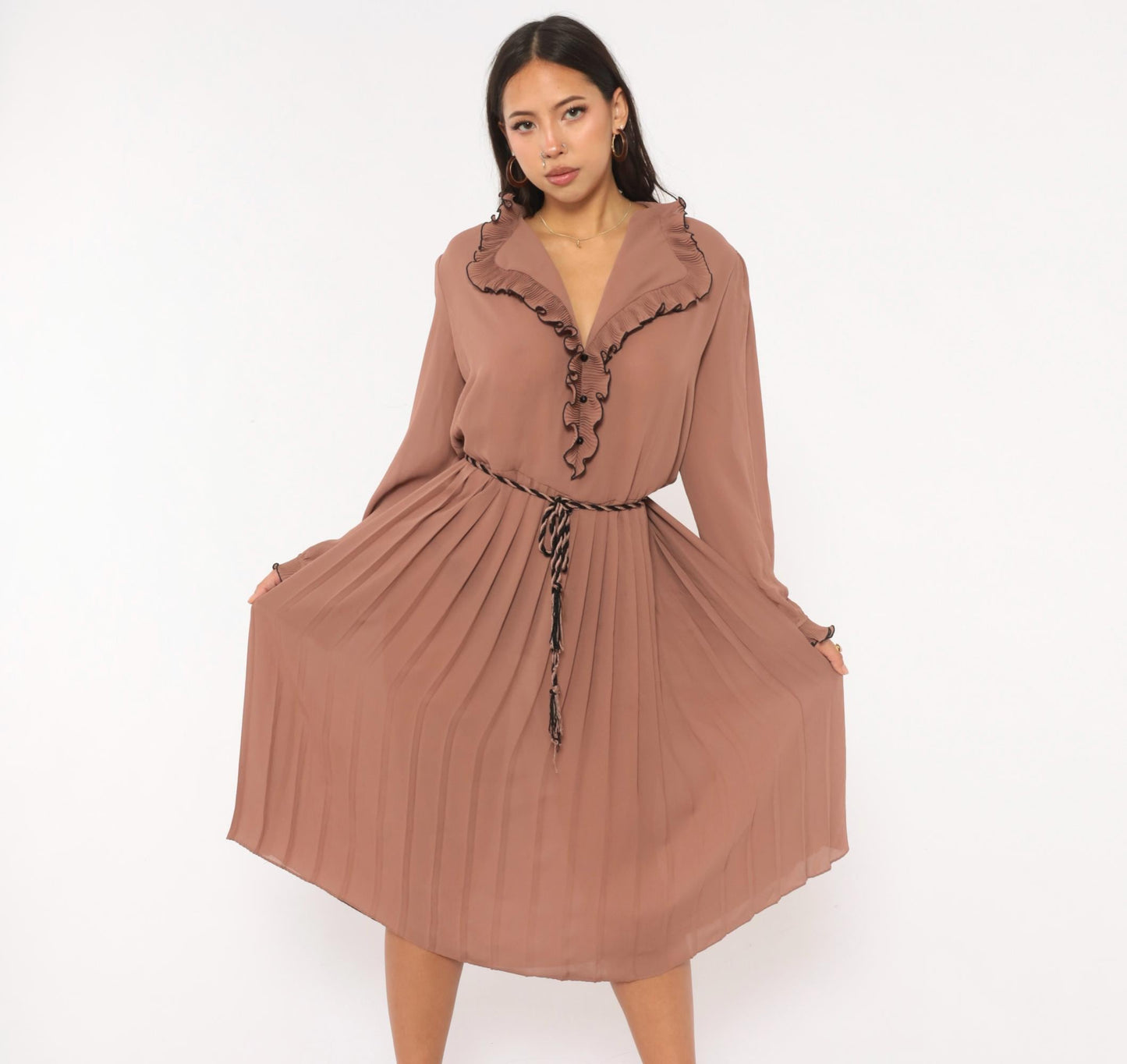 80s Cobina Mauve Pleated Dress Ruffled Collar V-Neck Blouson Sleeve Extra Large XL